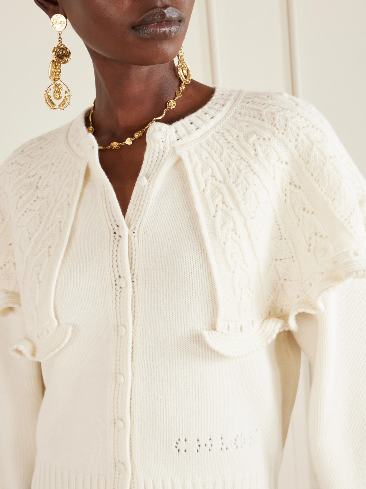 Chloé Cropped Ruffled Pointelle-knit Wool And Cashmere-blend Cardigan In White