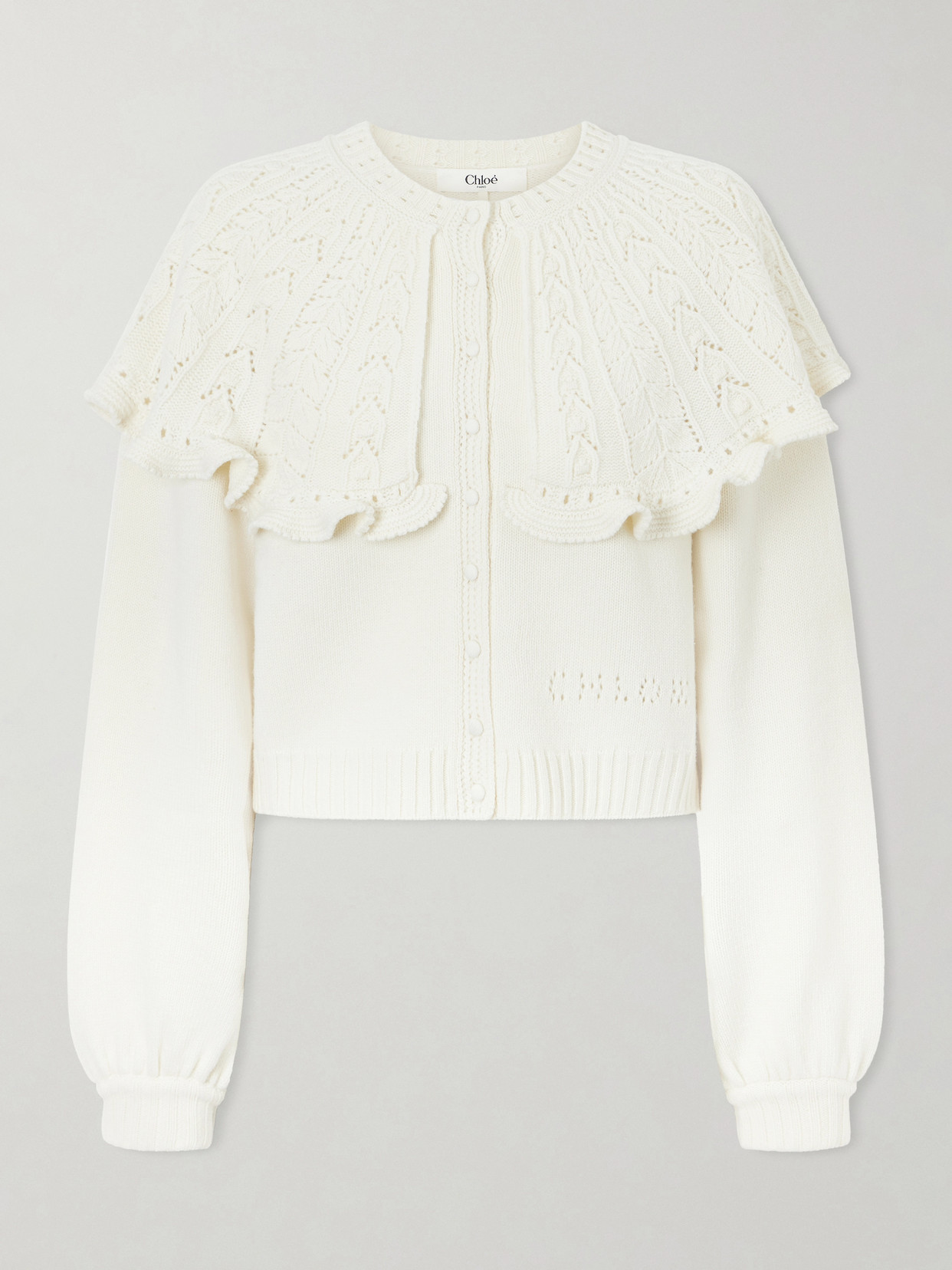 Chloé Cropped Ruffled Pointelle-knit Wool And Cashmere-blend Cardigan In White