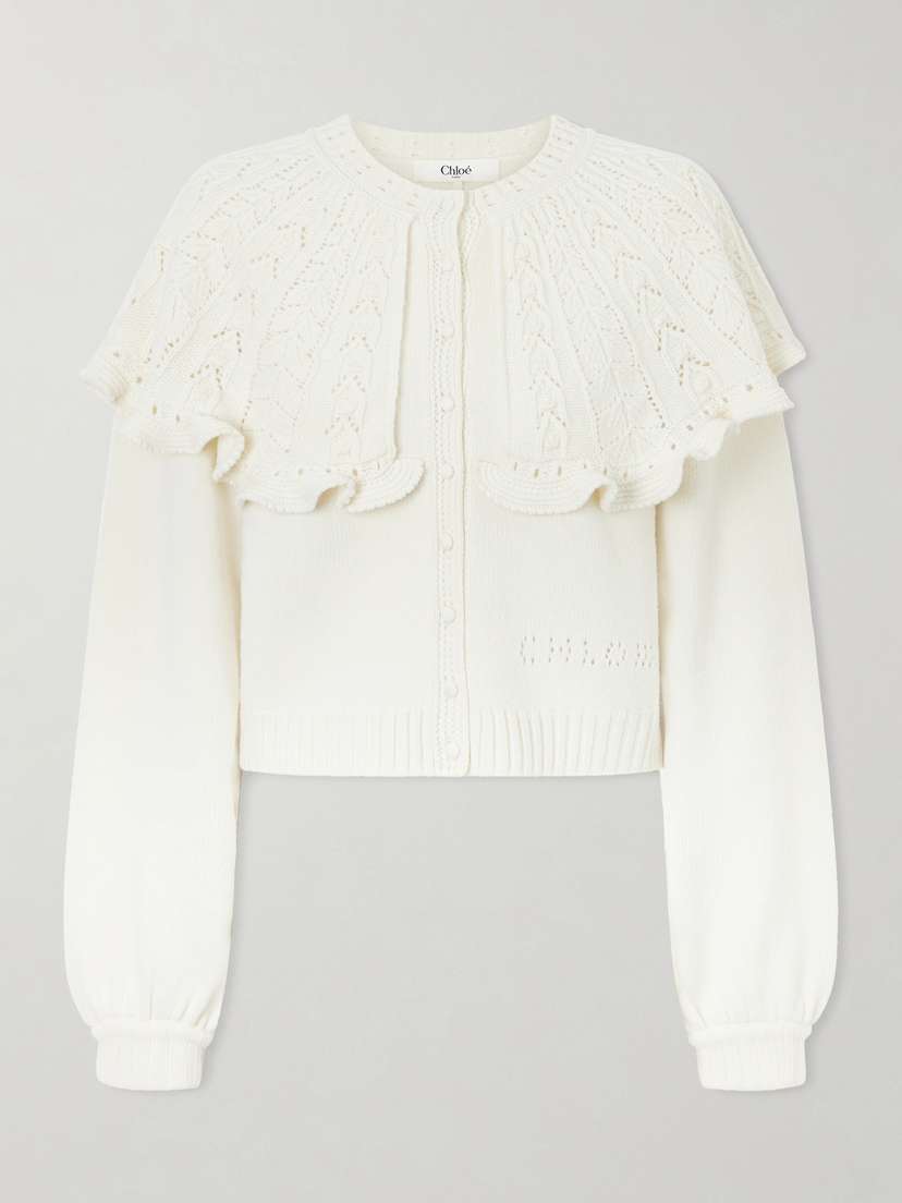 Chloé Cropped Ruffled Pointelle-knit Wool And Cashmere-blend Cardigan