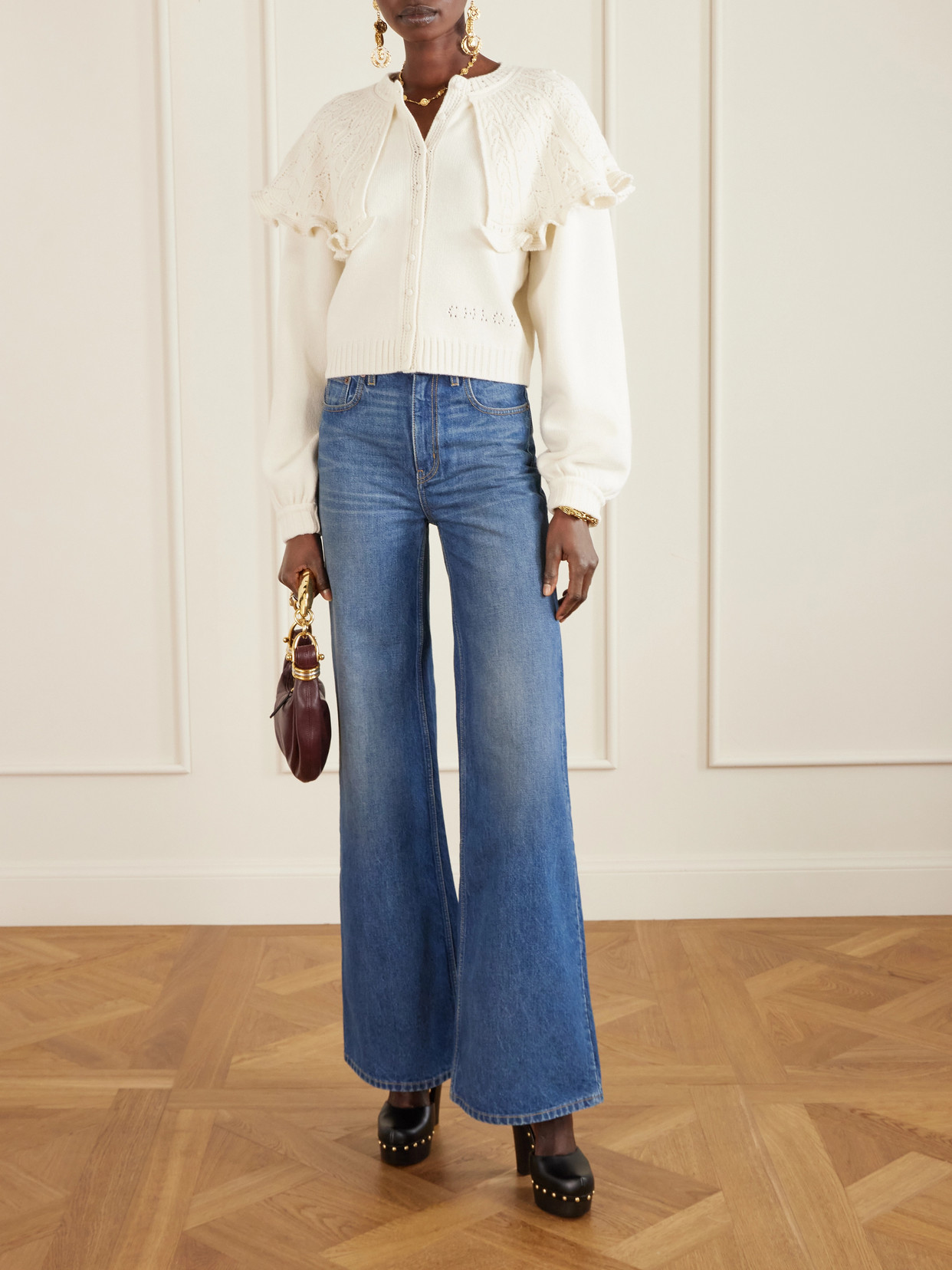 Chloé Cropped Ruffled Pointelle-knit Wool And Cashmere-blend Cardigan In White