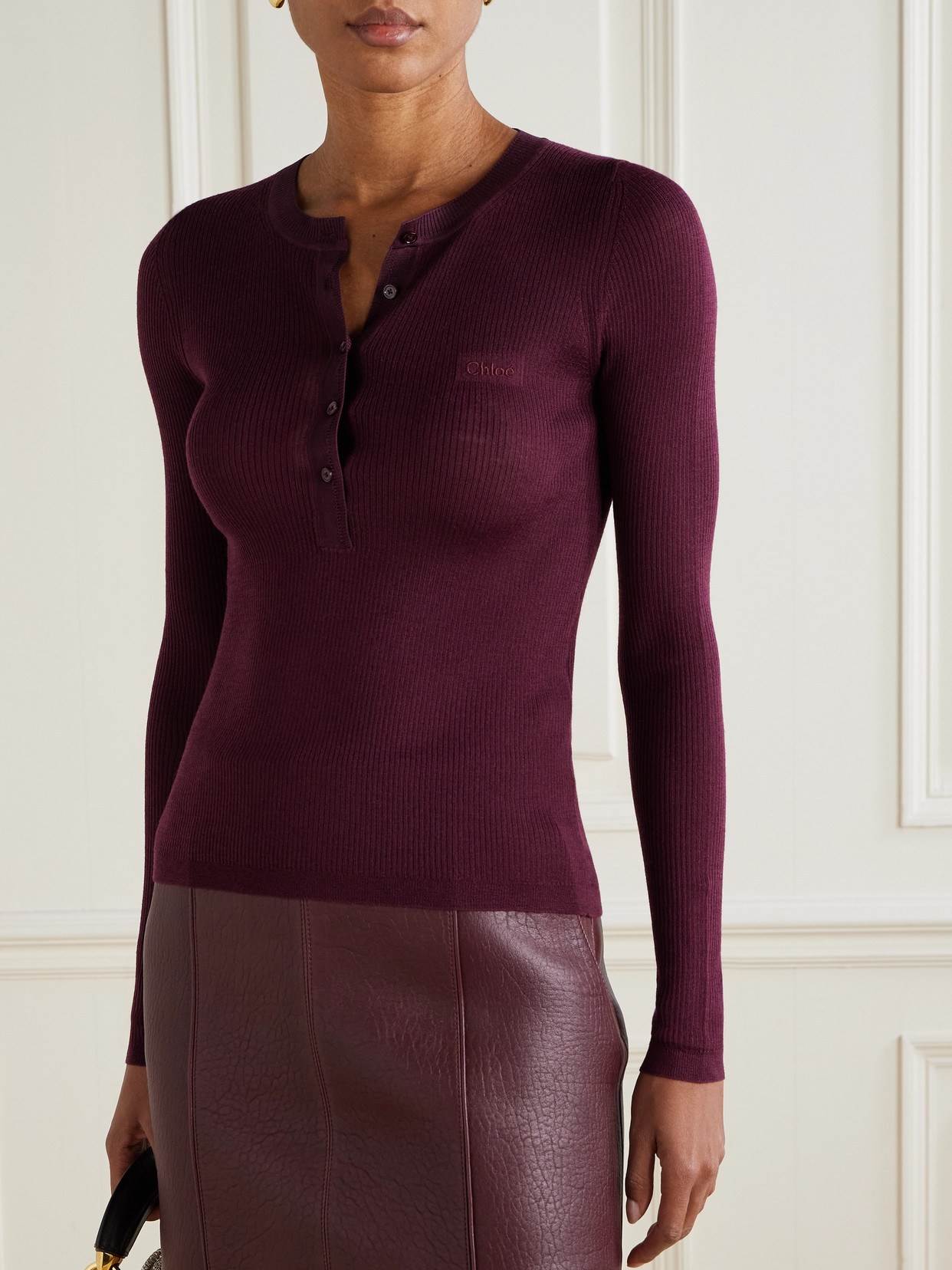 Chloé Silk-trimmed Ribbed Wool Sweater In Burgundy