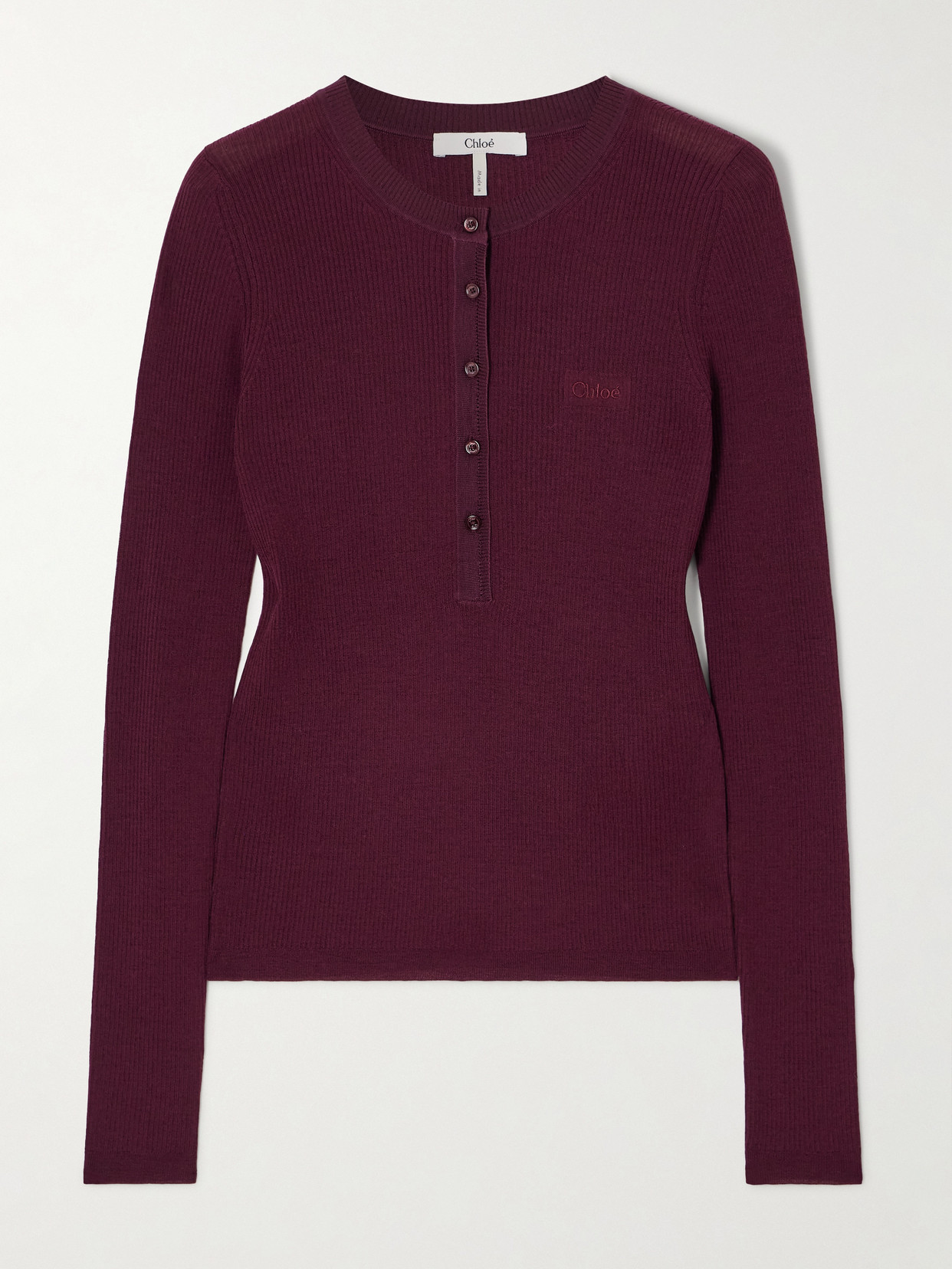 Chloé Silk-trimmed Ribbed Wool Sweater In Burgundy