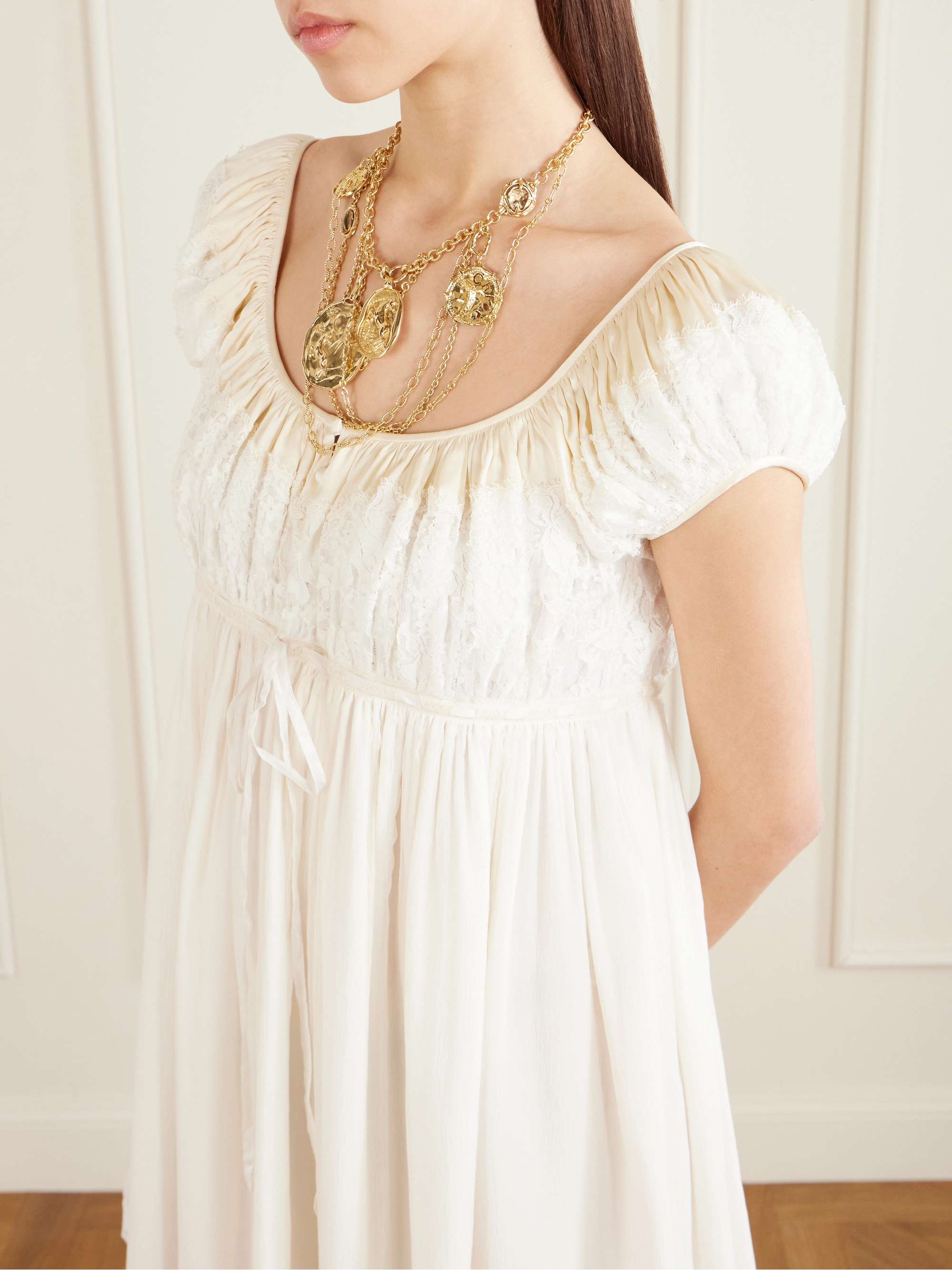 Chlo - Short-sleeve mini dress in Silk mousseline & lace - Whisper White - 38 - Silk