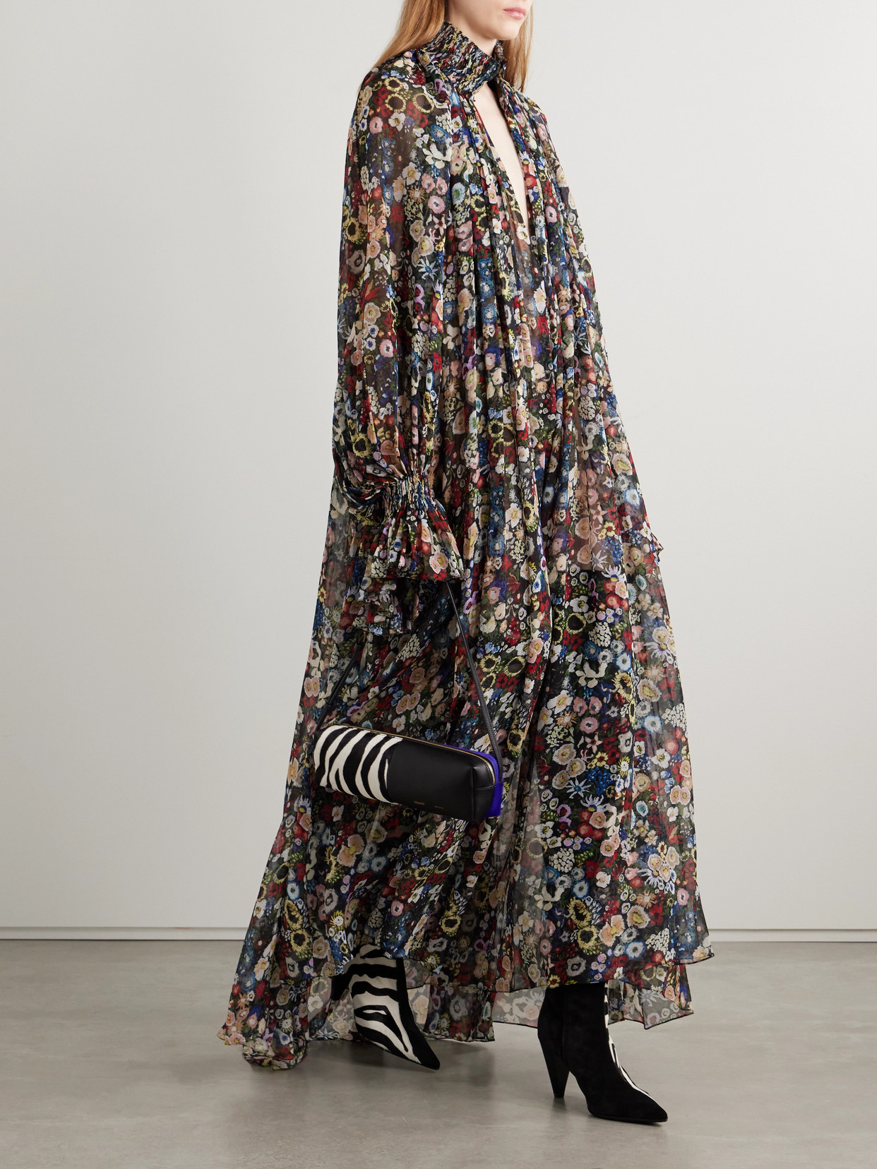 Khaite Edgar Pleated Floral-print Silk-chiffon Turtleneck Maxi Dress In Multi