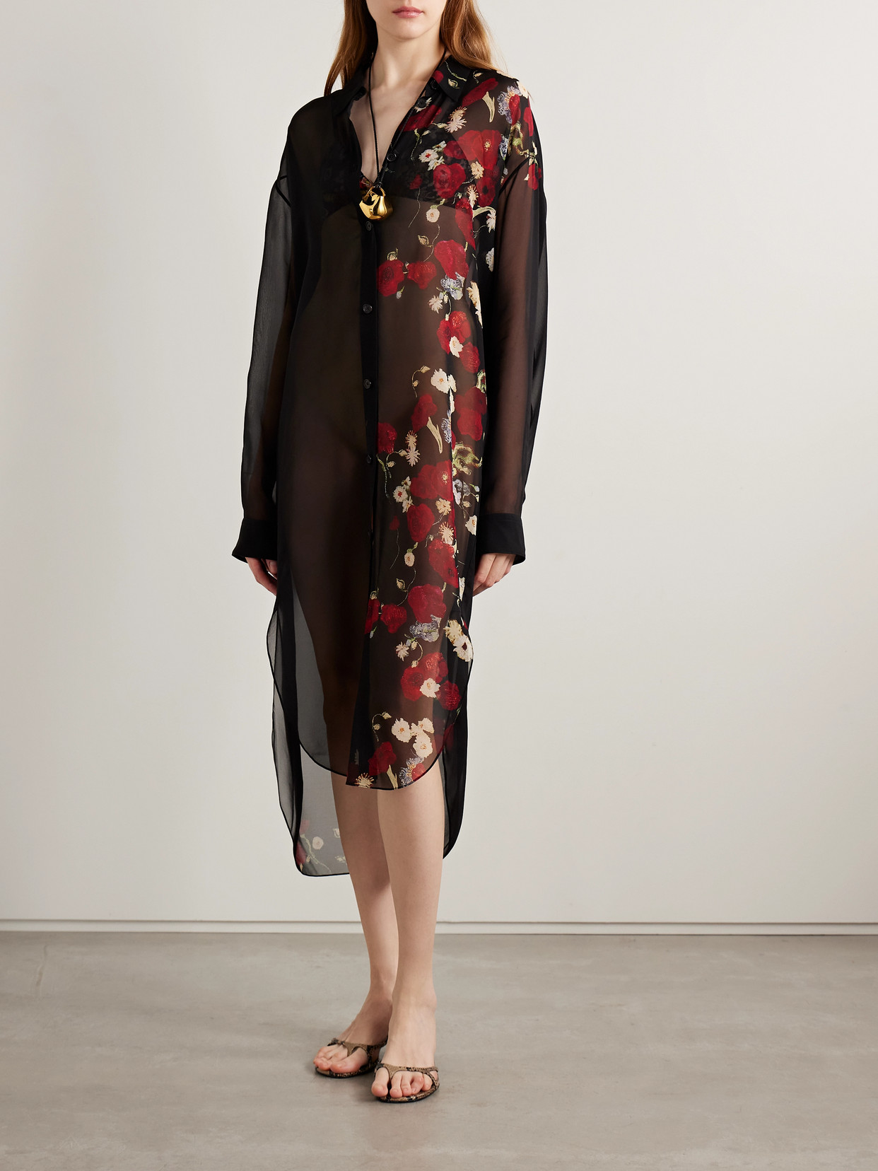 Khaite Gloria Long Sleeve Silk Chiffon Shirtdress In Black