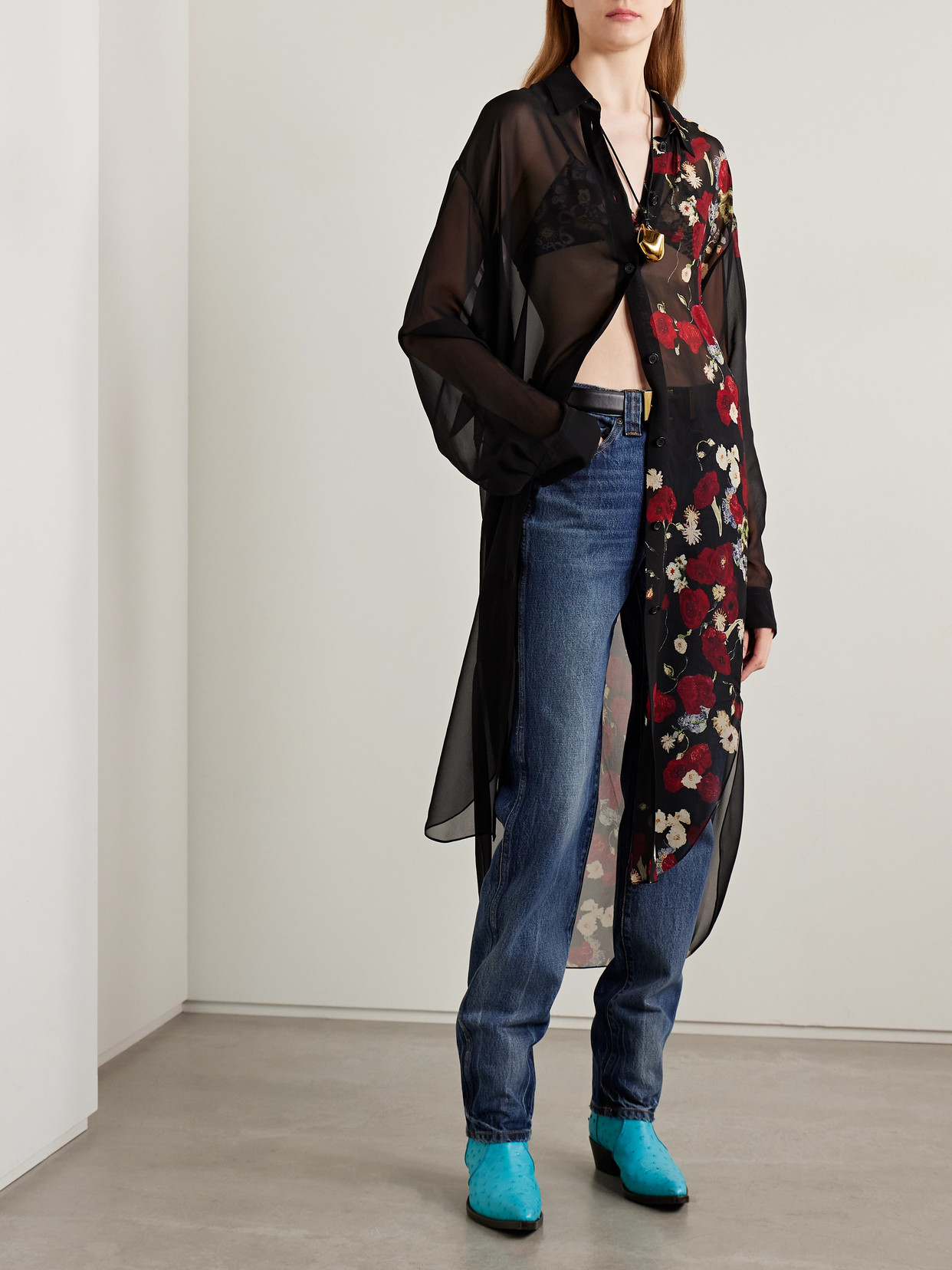 Khaite Gloria Long Sleeve Silk Chiffon Shirtdress In Black