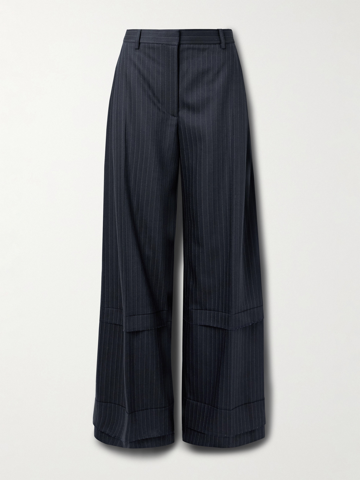 Khaite Linden Tiered Pinstriped Herringbone Twill Wide-leg Pants In Blue