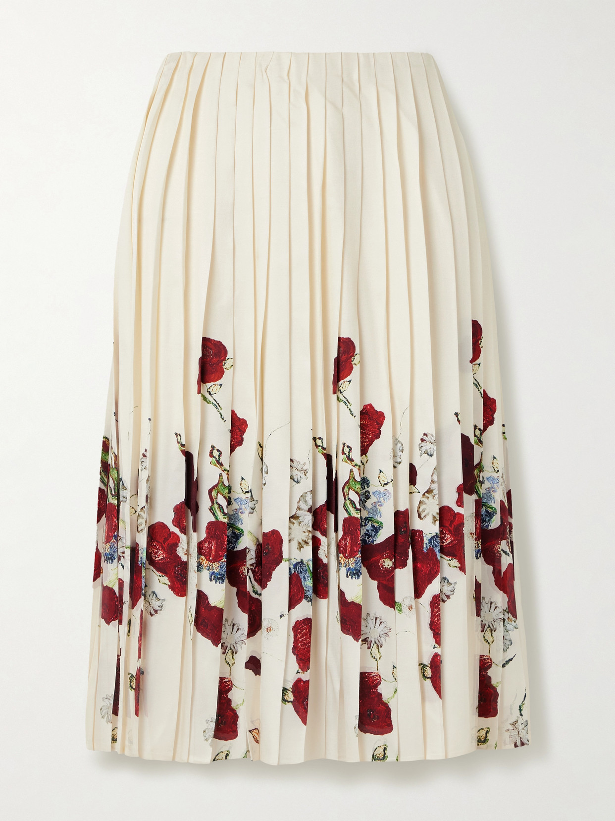 Khaite Anya Pleated Floral-print Satin-twill Midi Skirt In White