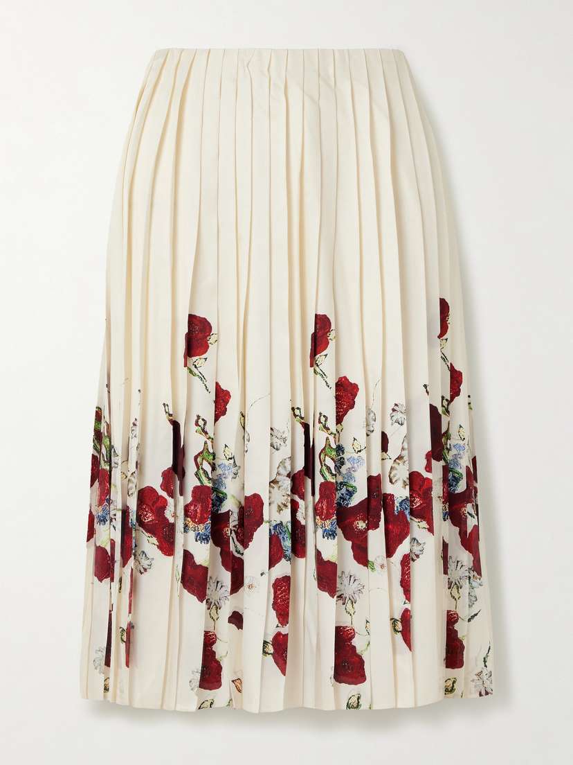 Khaite Anya Pleated Floral-print Satin-twill Midi Skirt