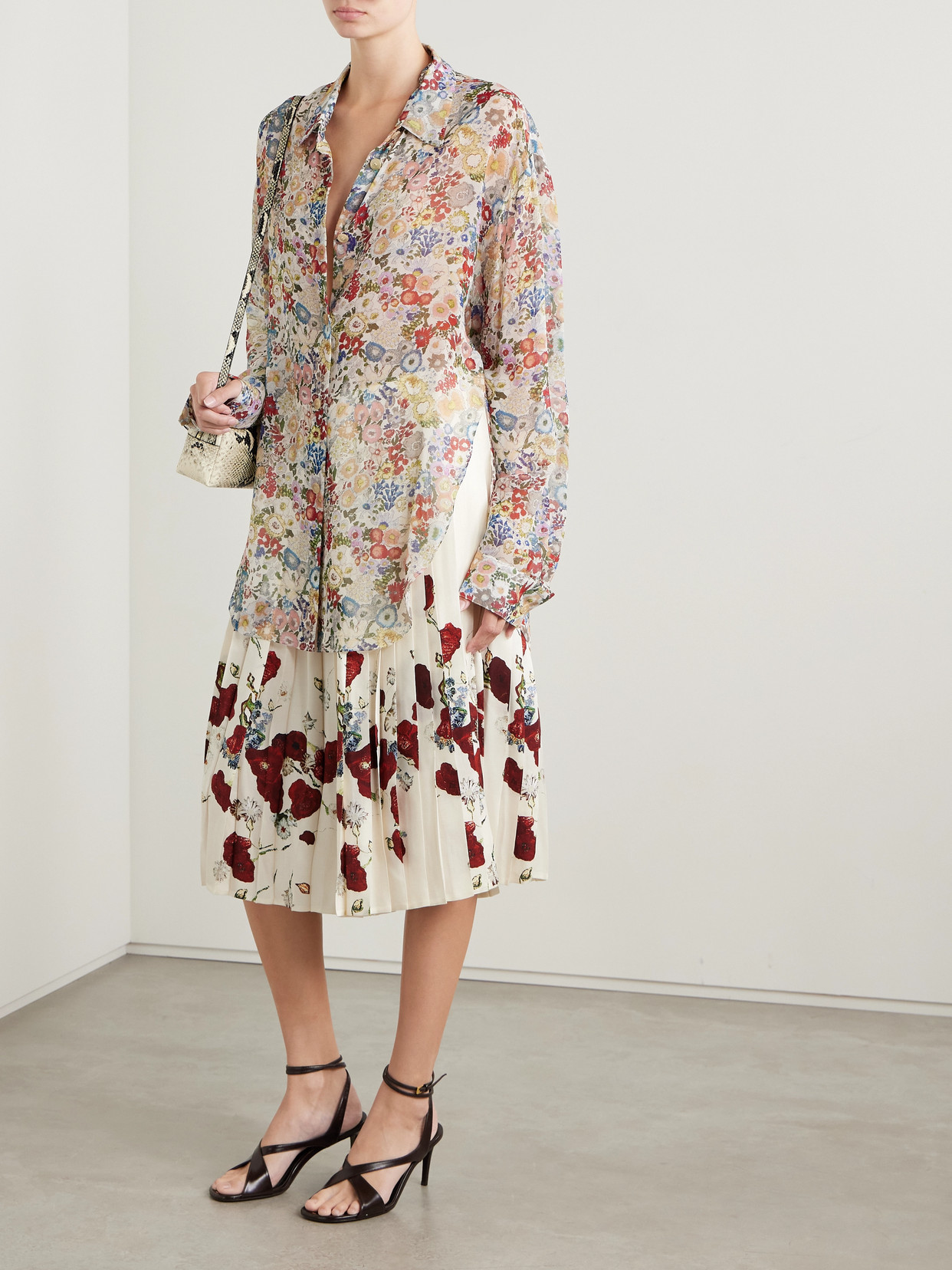 Khaite Anya Pleated Floral-print Satin-twill Midi Skirt In White