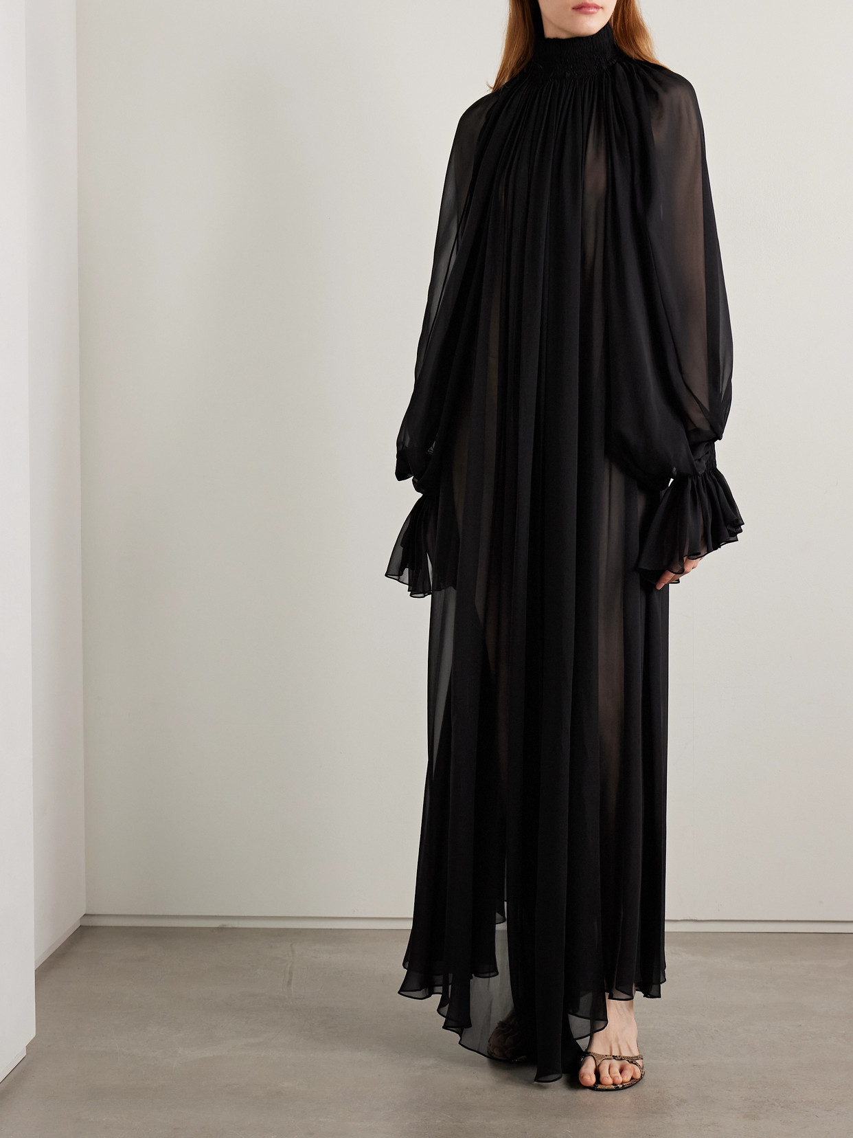 Khaite Edgar Gathered Silk-chiffon Maxi Dress In Black
