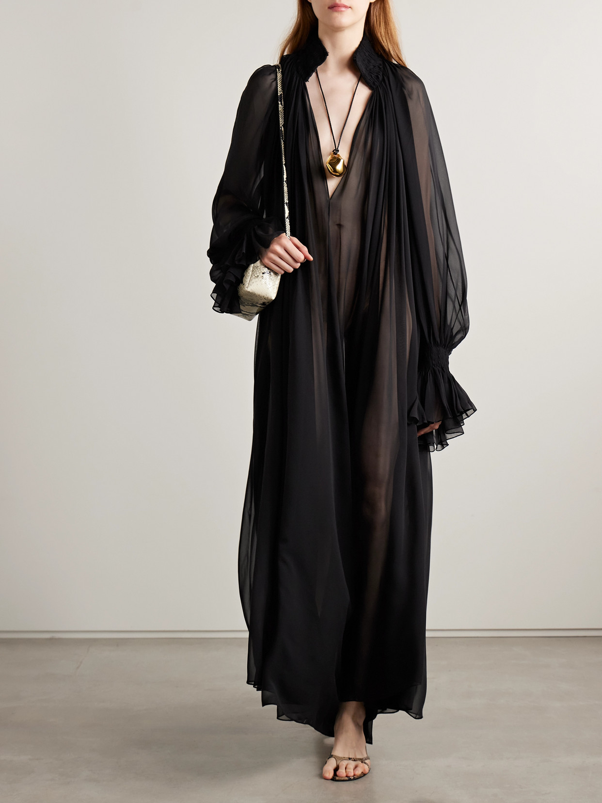 Khaite Edgar Gathered Silk-chiffon Maxi Dress In Black