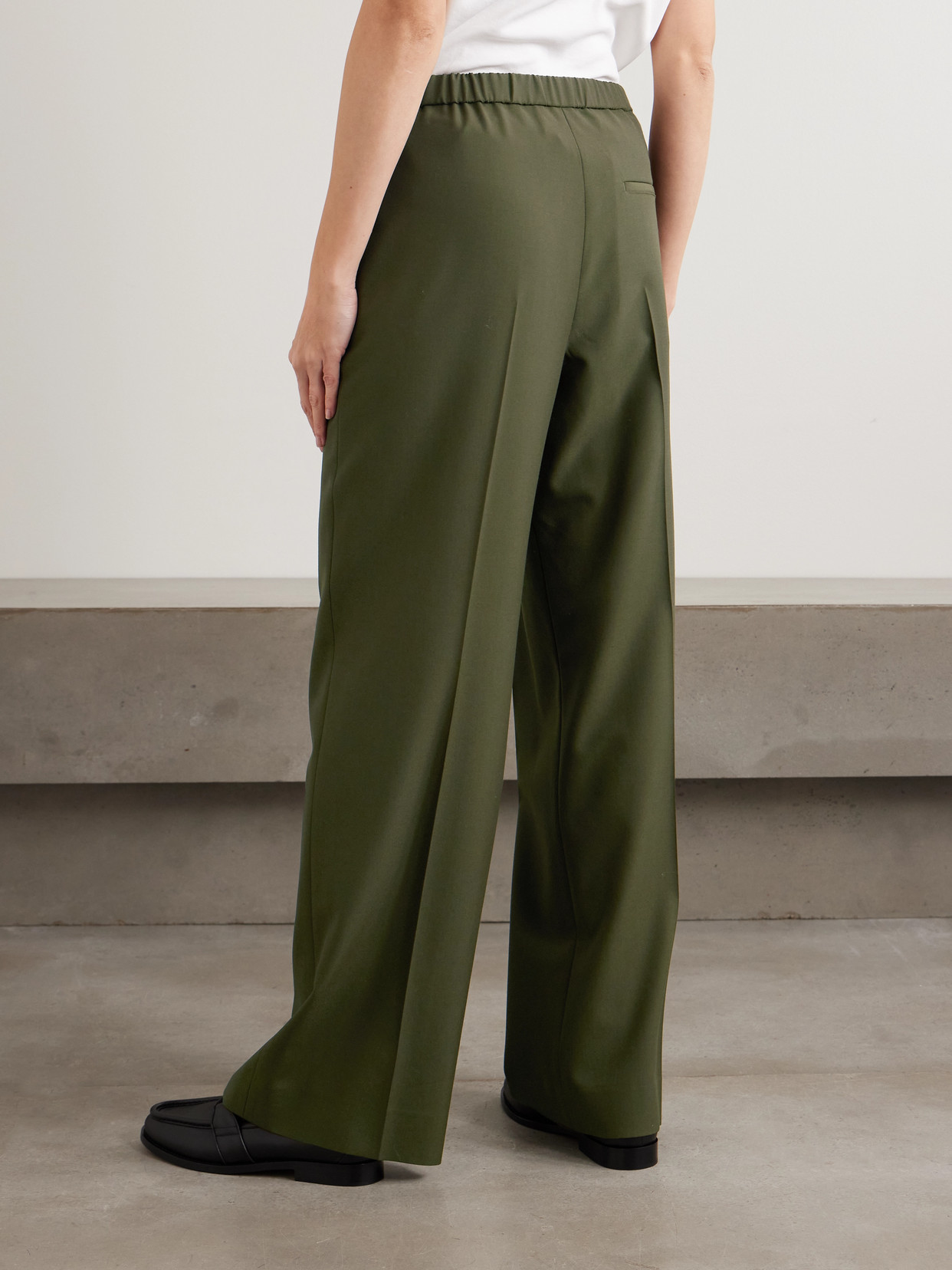 Loewe Leather-trimmed Pleated Grain De Poudre Wool Pants In Green