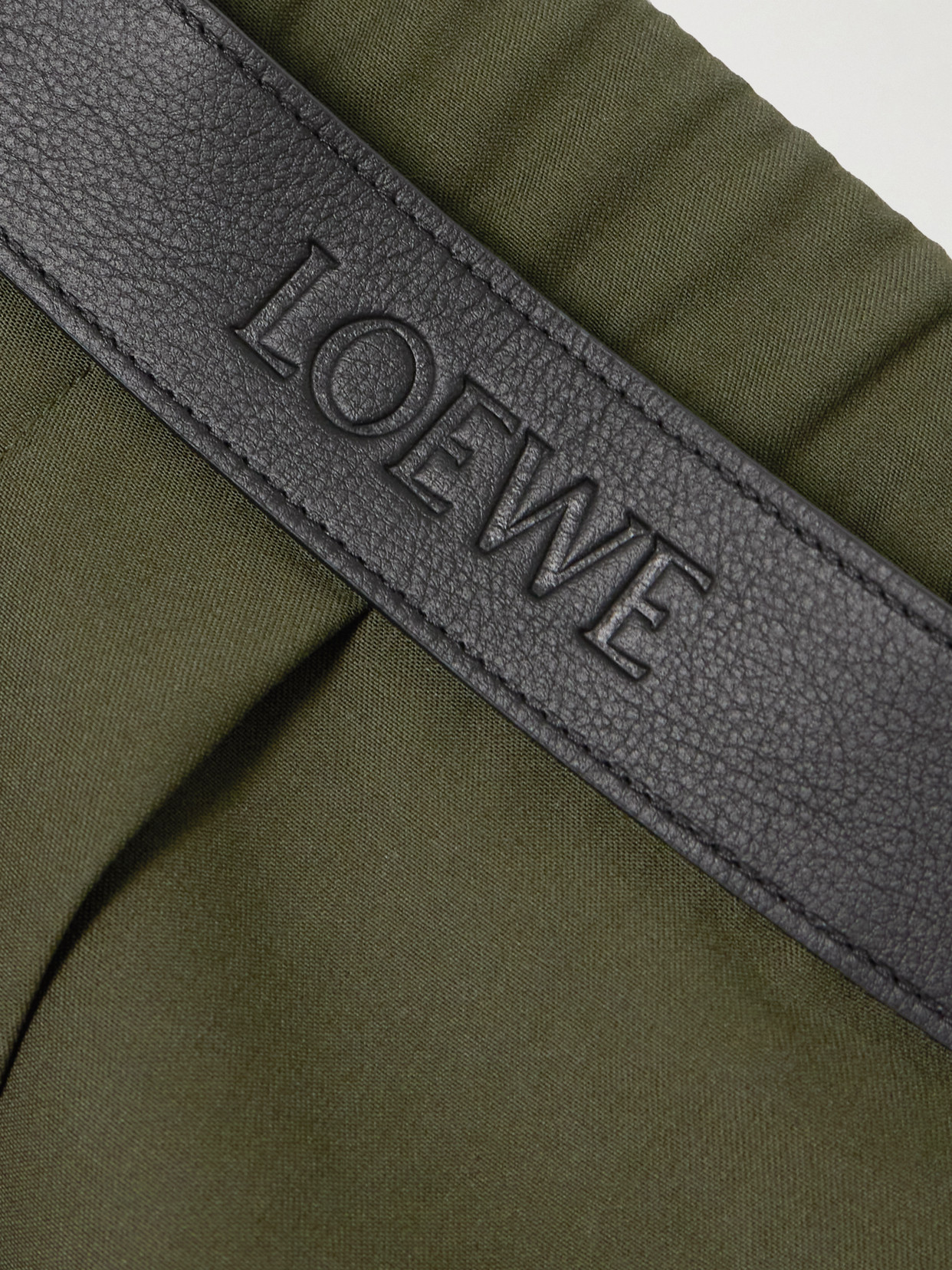 Loewe Leather-trimmed Pleated Grain De Poudre Wool Pants In Green