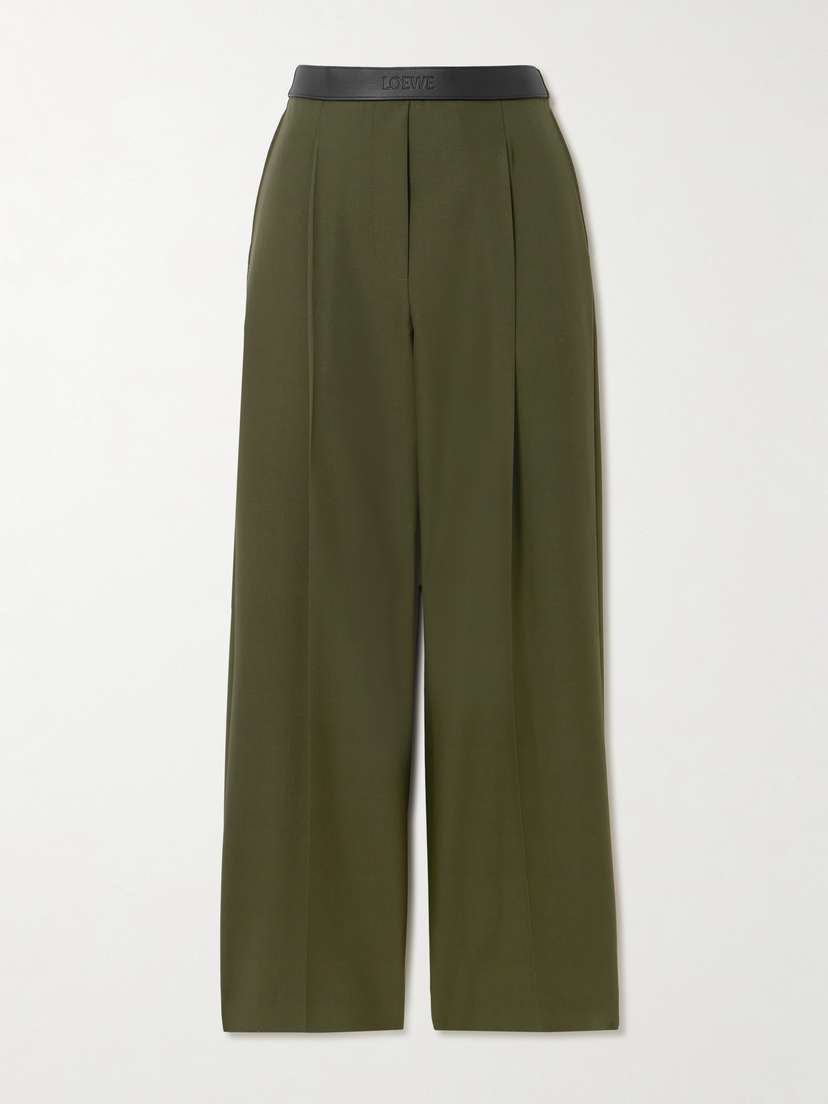 Loewe Leather-trimmed Pleated Grain De Poudre Wool Pants