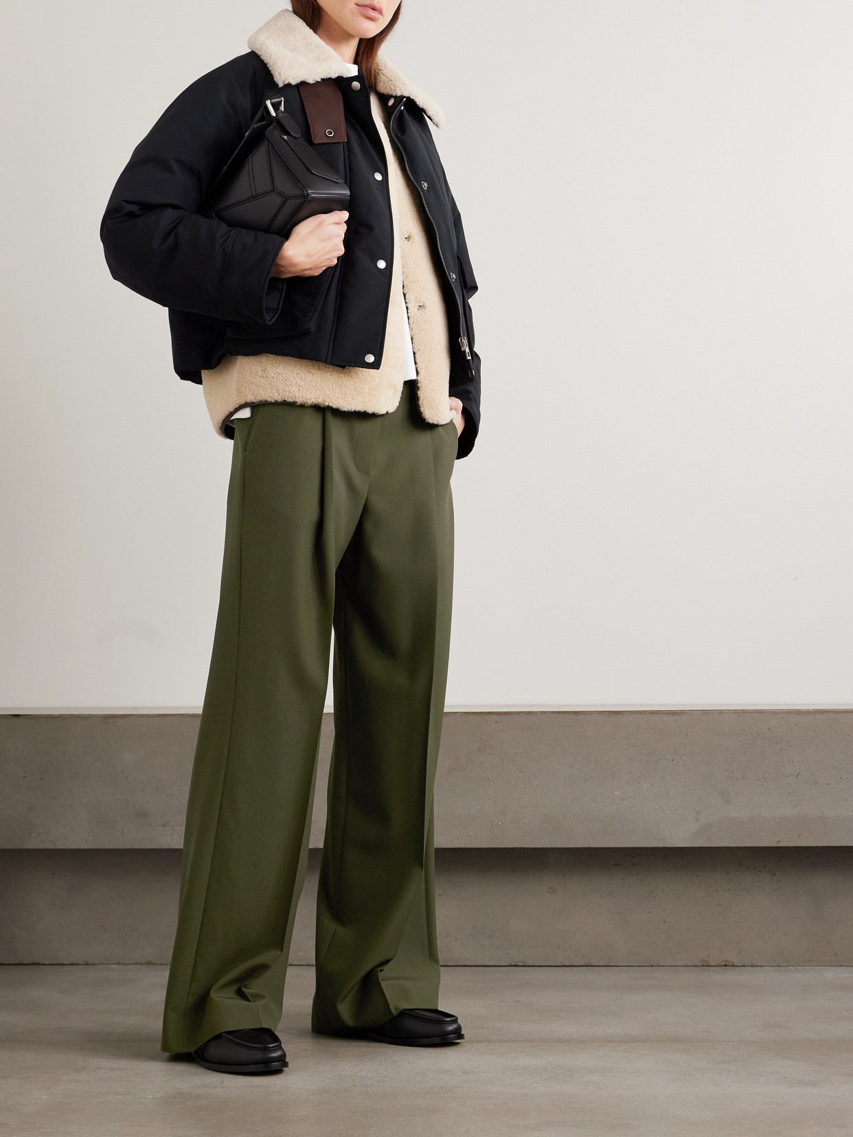 Loewe Leather-trimmed Pleated Grain De Poudre Wool Pants In Green