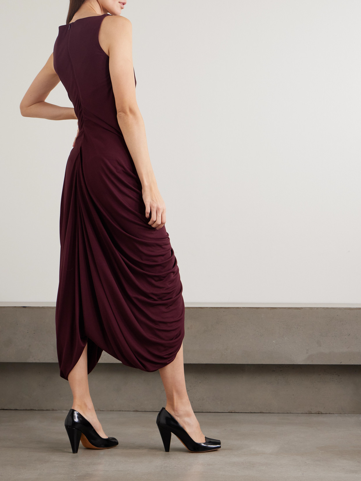 Loewe Twisted Gathered Jersey Midi Dress In Burgundy