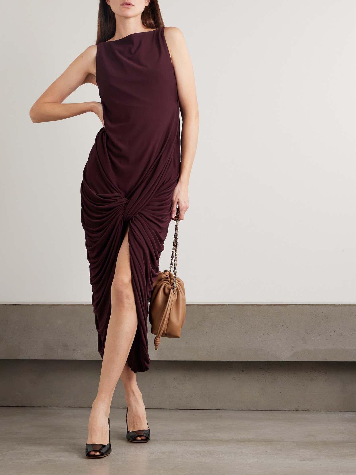 Loewe Twisted Gathered Jersey Midi Dress In Burgundy