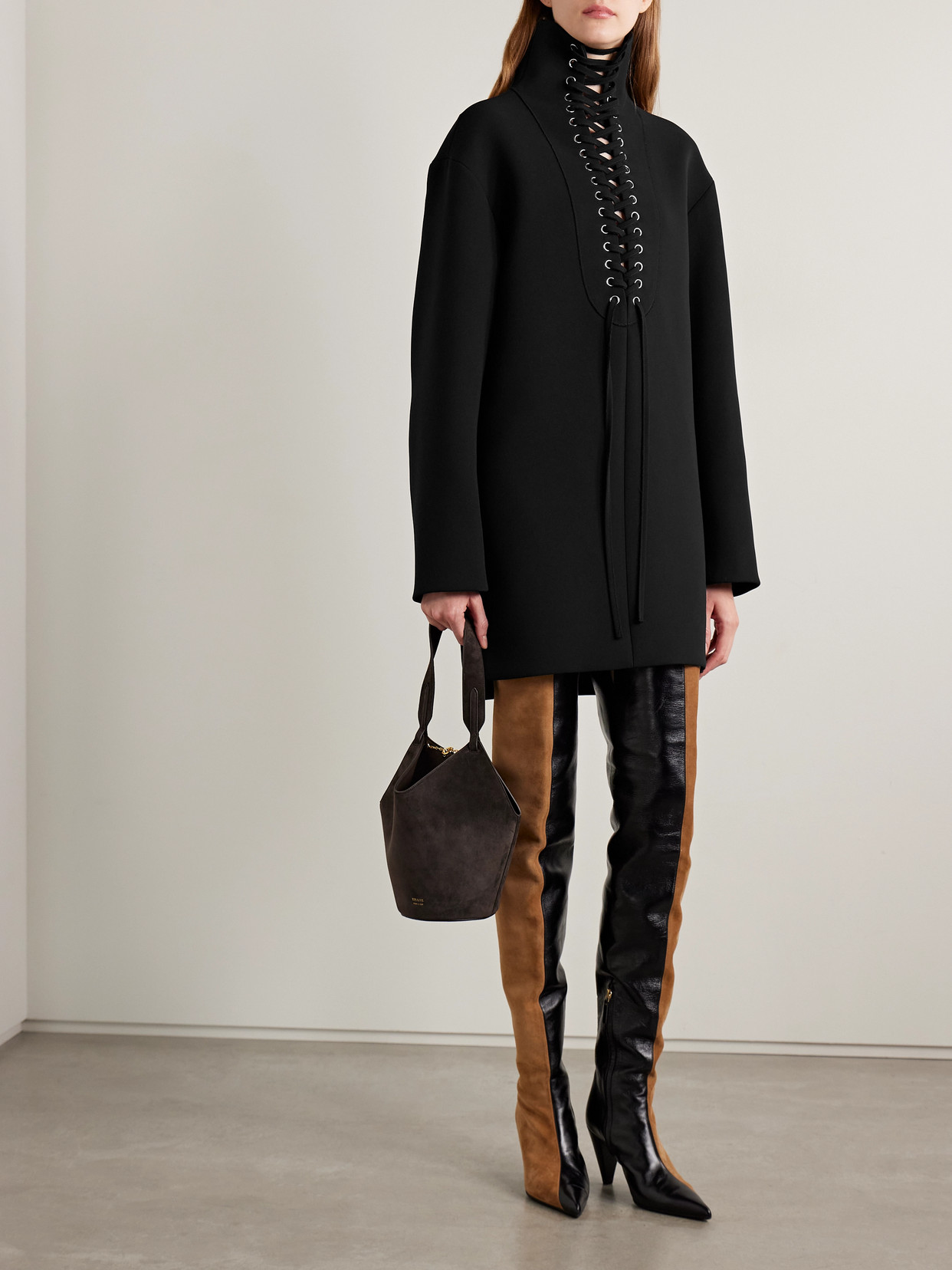 Khaite Lee Lace-up Long Sleeve Double Face Crepe Dress In Black