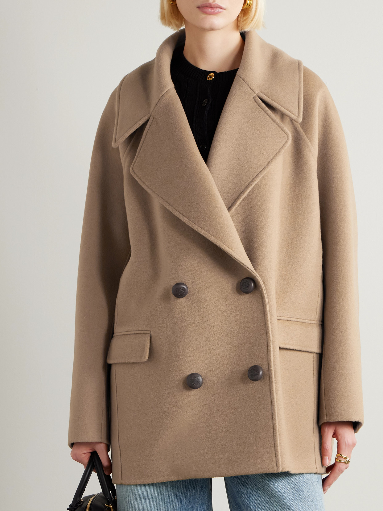 Loewe Wool Coat Double Breasted Wide Lapels In Nude