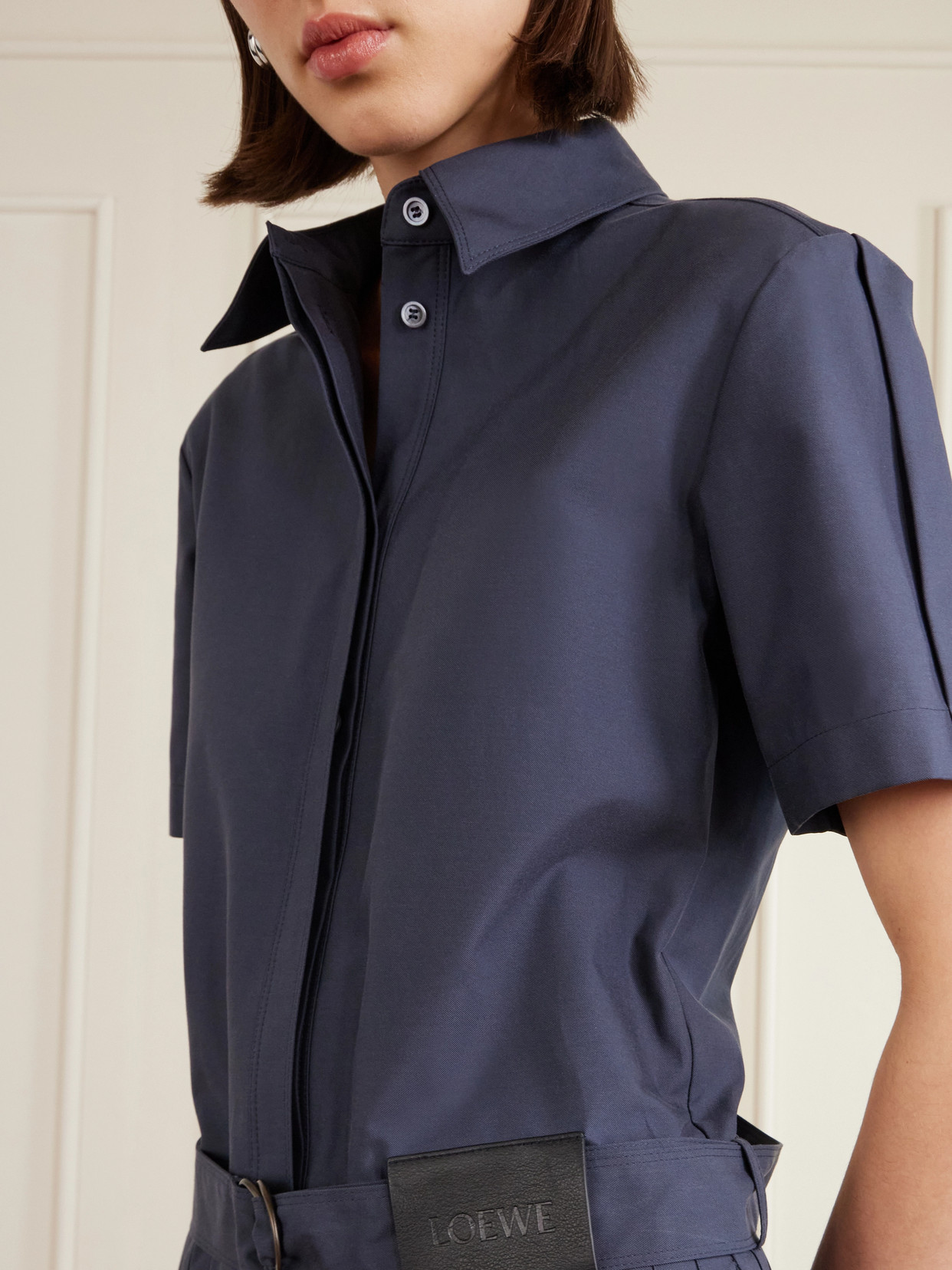 Loewe Structured Cotton-blend Gabardine Button-front Short Dress With Pleated Skirt And D-ring Belt In Blue