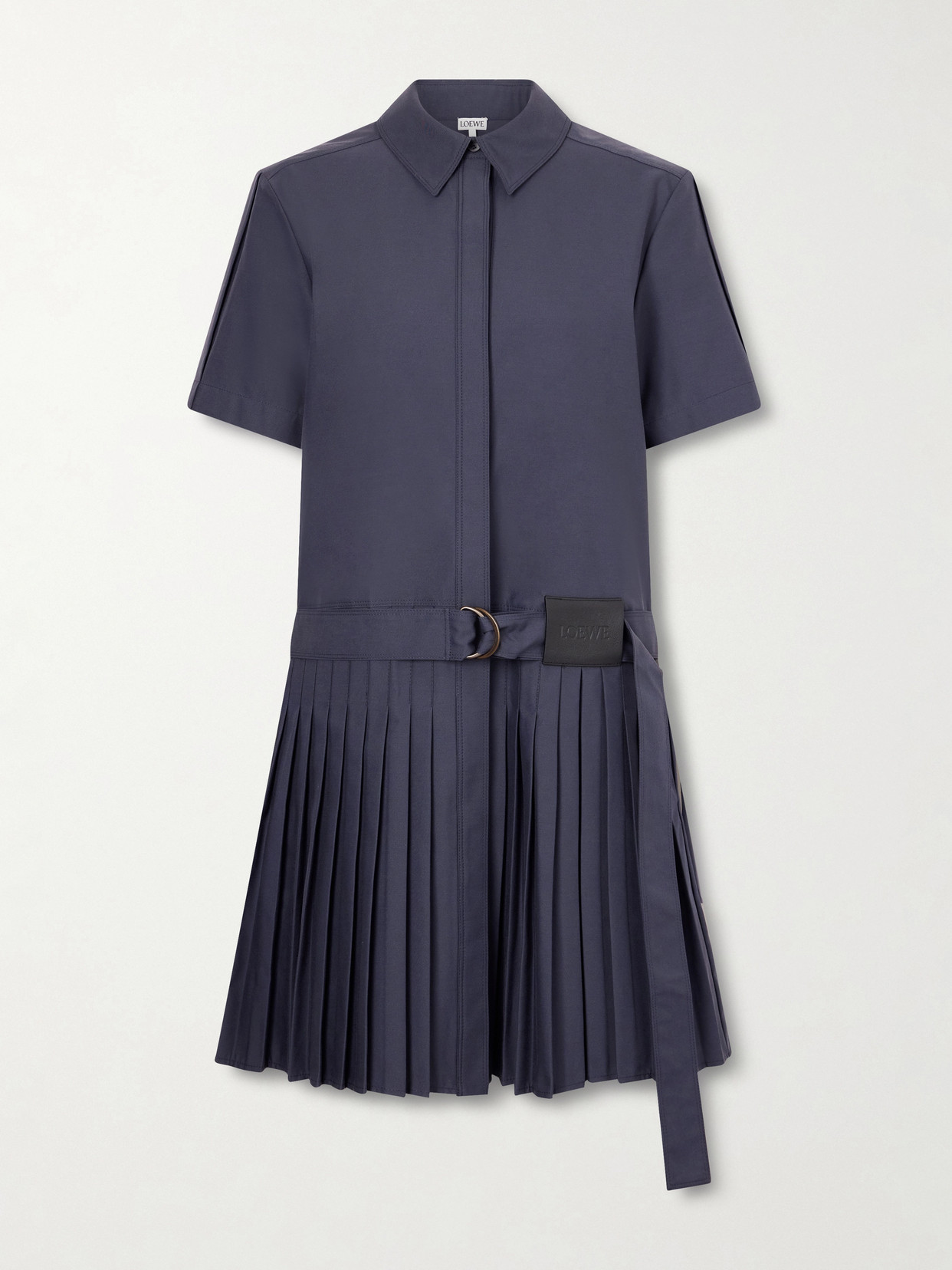 Loewe Structured Cotton-blend Gabardine Button-front Short Dress With Pleated Skirt And D-ring Belt In Blue