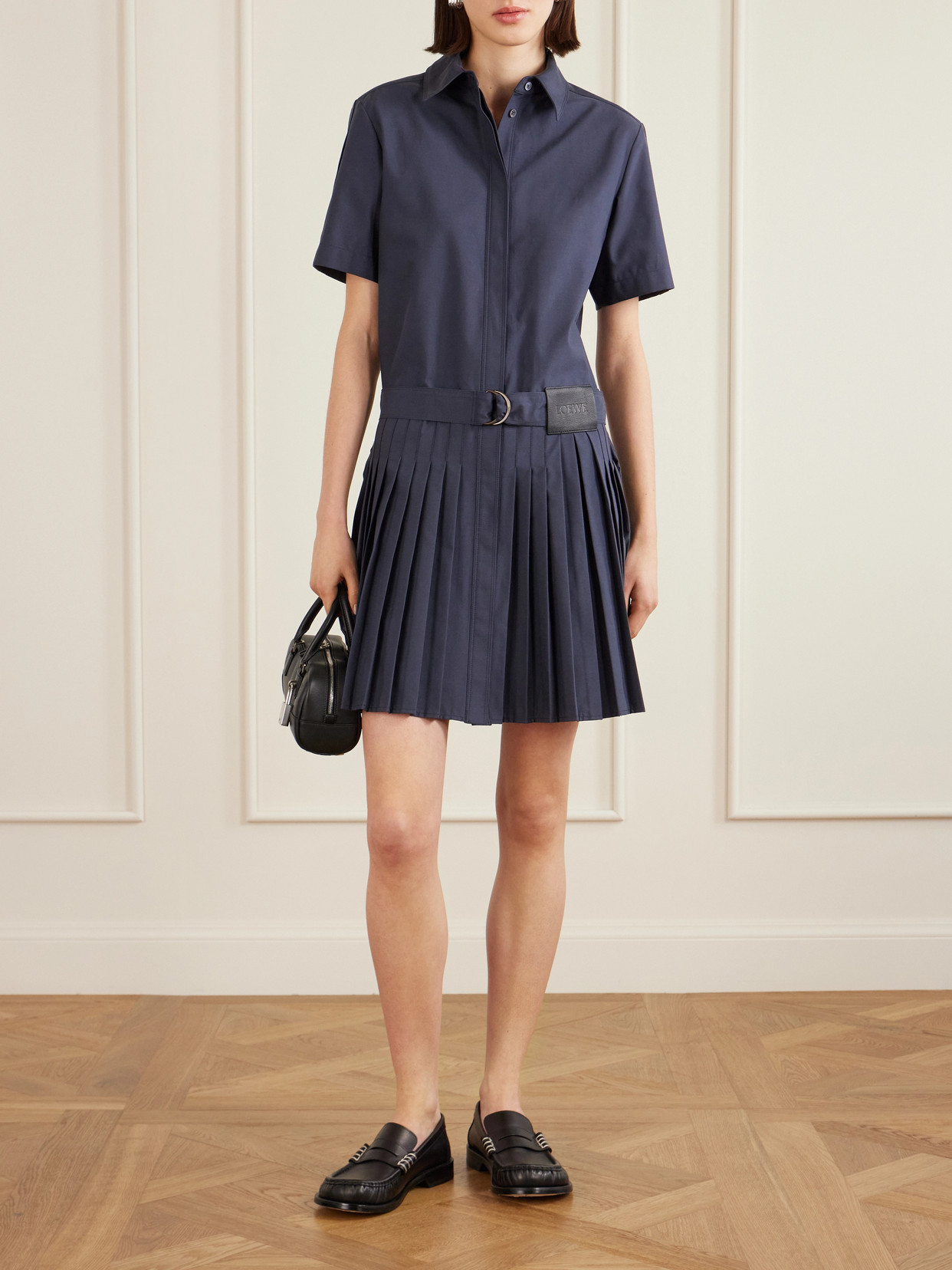 Loewe Structured Cotton-blend Gabardine Button-front Short Dress With Pleated Skirt And D-ring Belt In Blue
