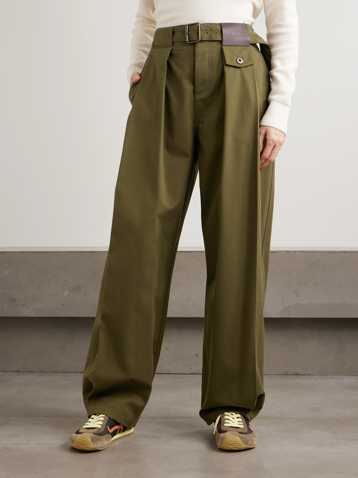 Loewe Belted Leather-trimmed Pleated Cotton And Silk-blend Pants In Multi