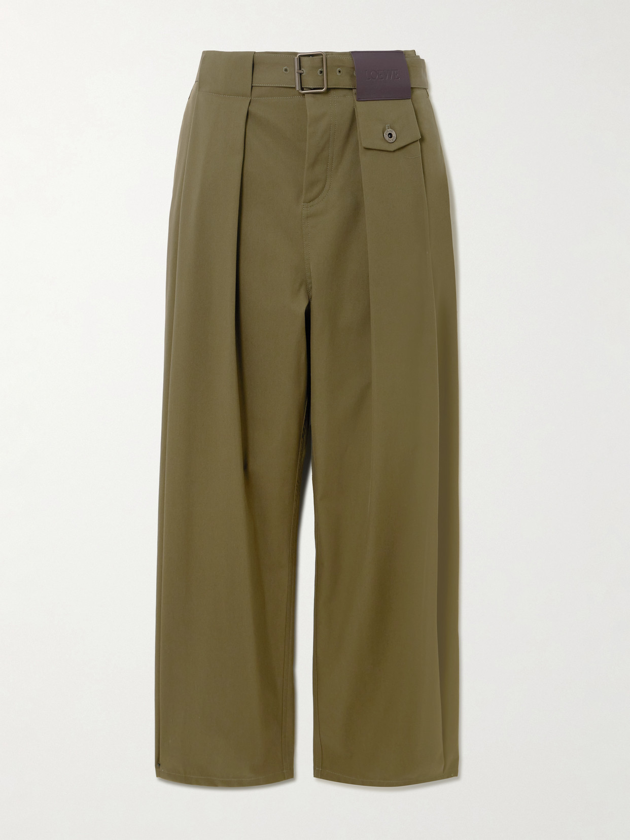Loewe Belted Leather-trimmed Pleated Cotton And Silk-blend Pants In Multi