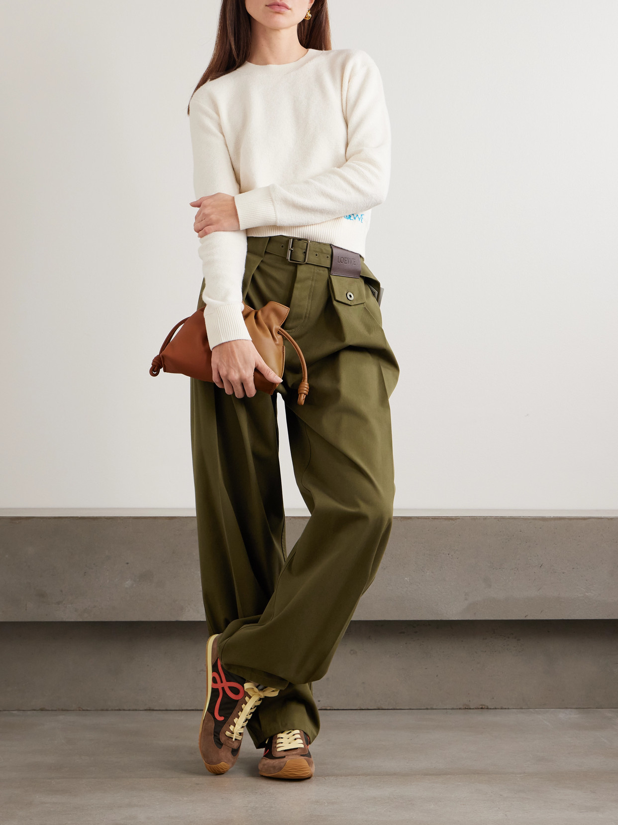 Loewe Belted Leather-trimmed Pleated Cotton And Silk-blend Pants In Multi