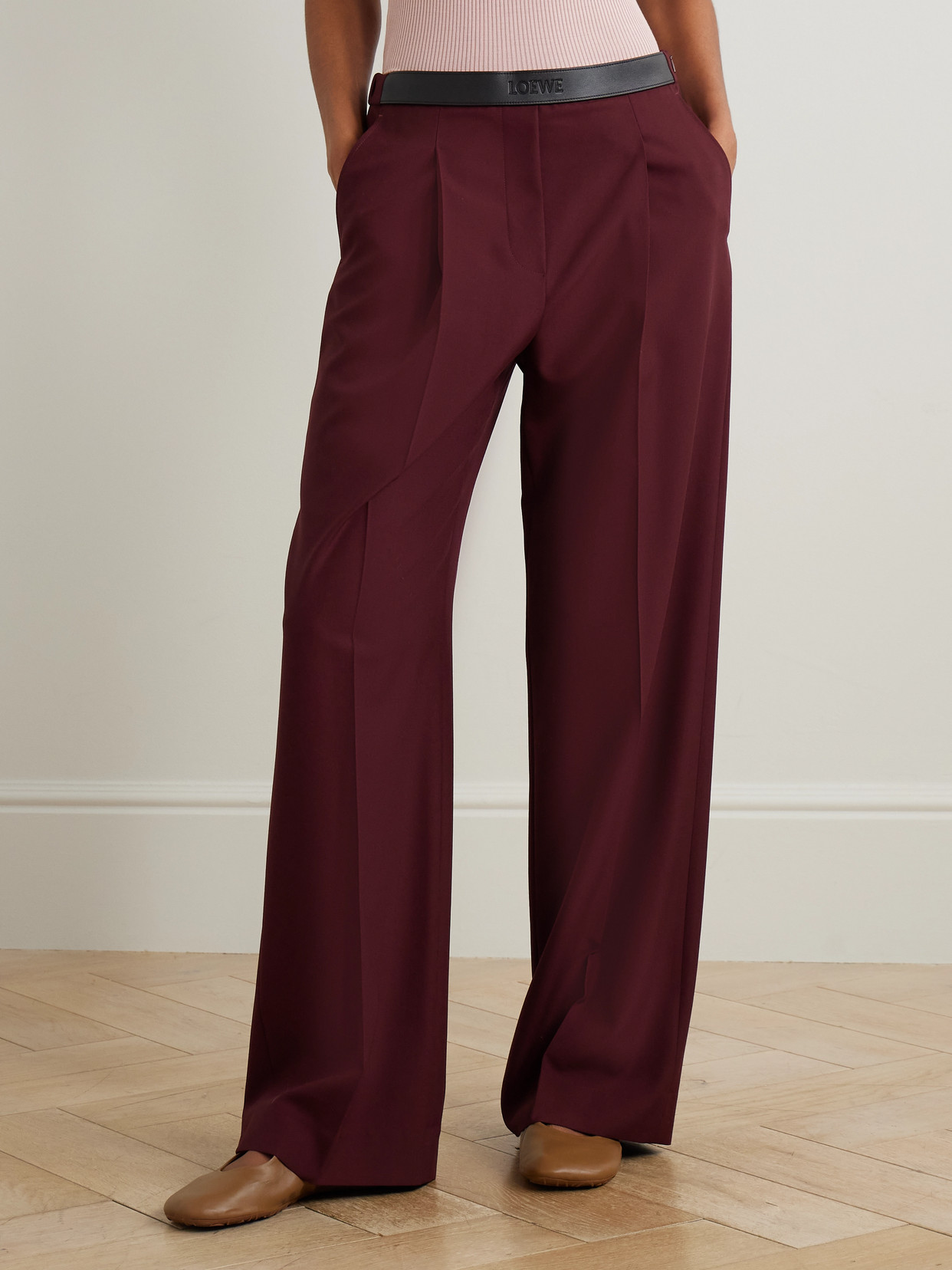 Loewe Leather-trimmed Pleated Wool Grain De Poudre Pants In Animal Print