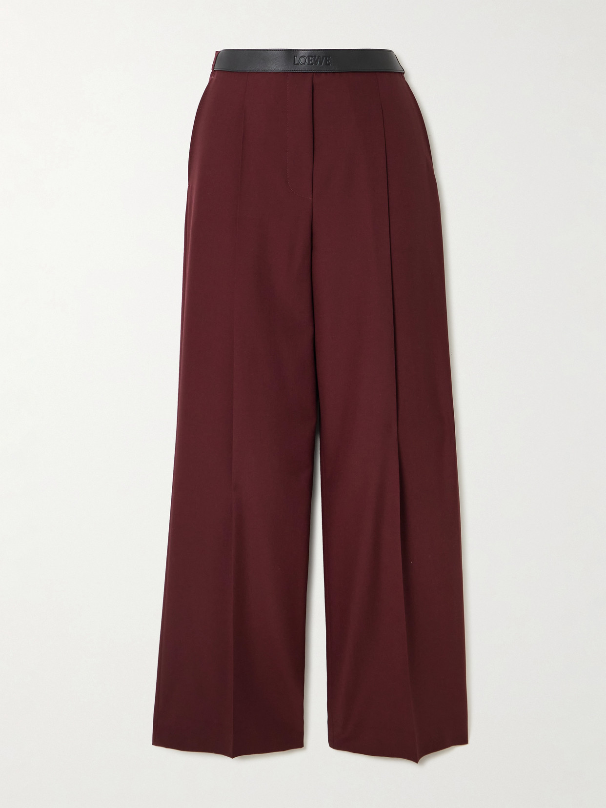Loewe Leather-trimmed Pleated Wool Grain De Poudre Pants In Animal Print