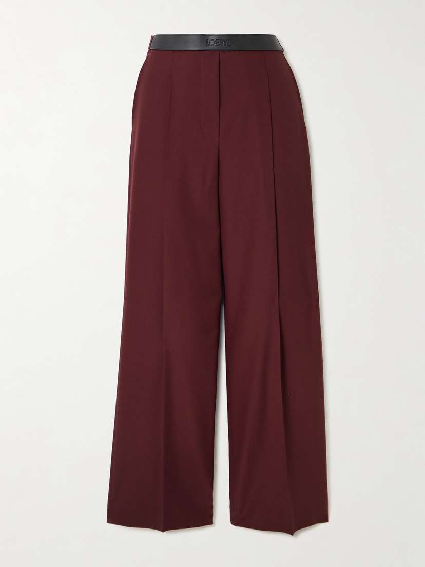 Loewe Leather-trimmed Pleated Wool Grain De Poudre Pants