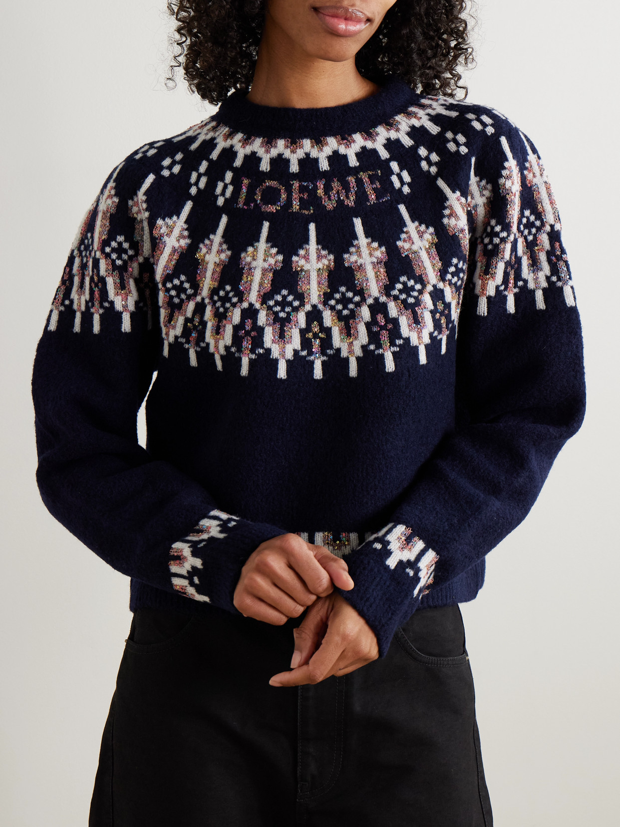 Loewe Stretch Wool Blend Sweater With Patterned Design In Black