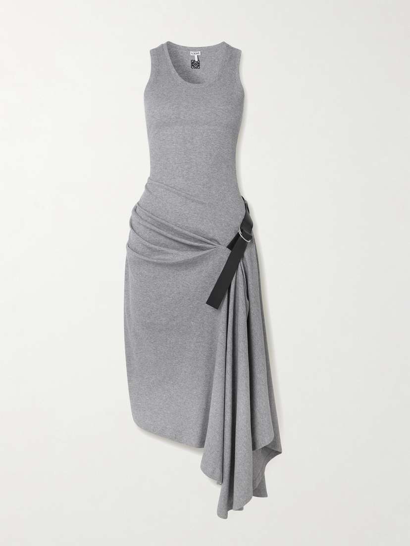 Loewe — Asymmetric leather-trimmed ribbed cotton-blend jersey dress