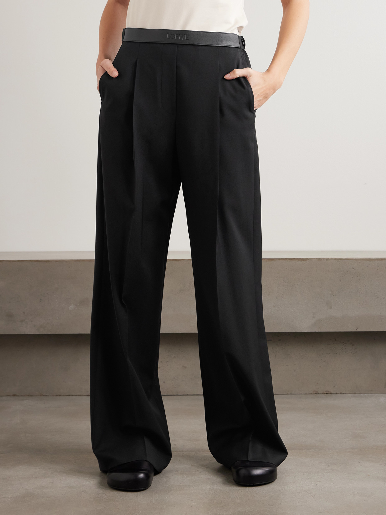 Loewe Leather-trimmed Pleated Grain De Poudre Wool Straight-leg Pants In Multi