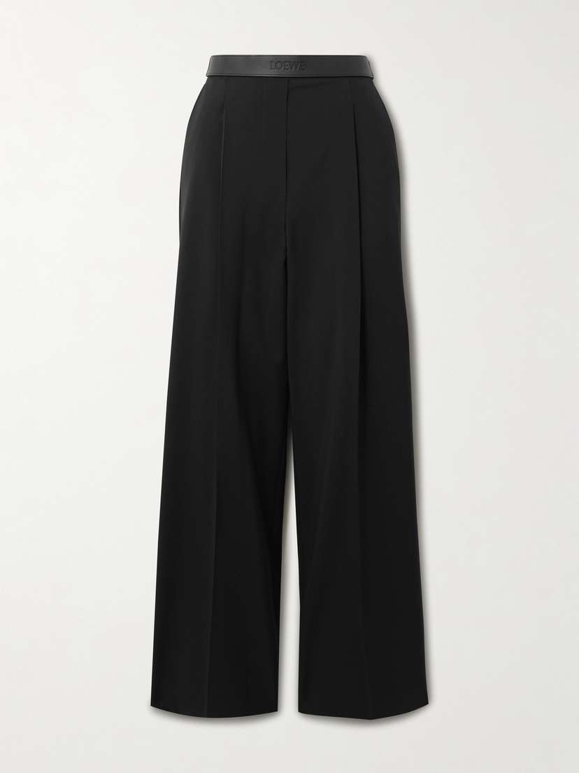 Loewe — Leather-trimmed pleated grain de poudre wool straight-leg pants