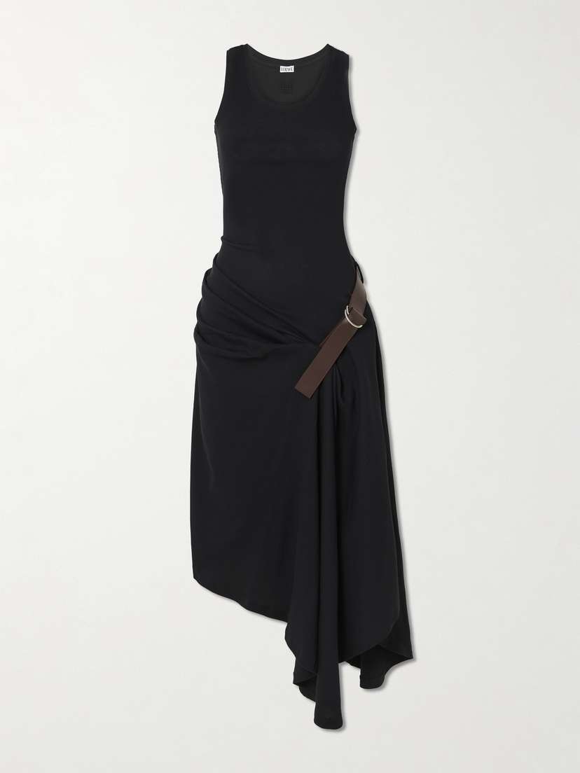Loewe Asymmetric Belted Draped Gathered Leather-trimmed Cotton-blend Jersey Dress
