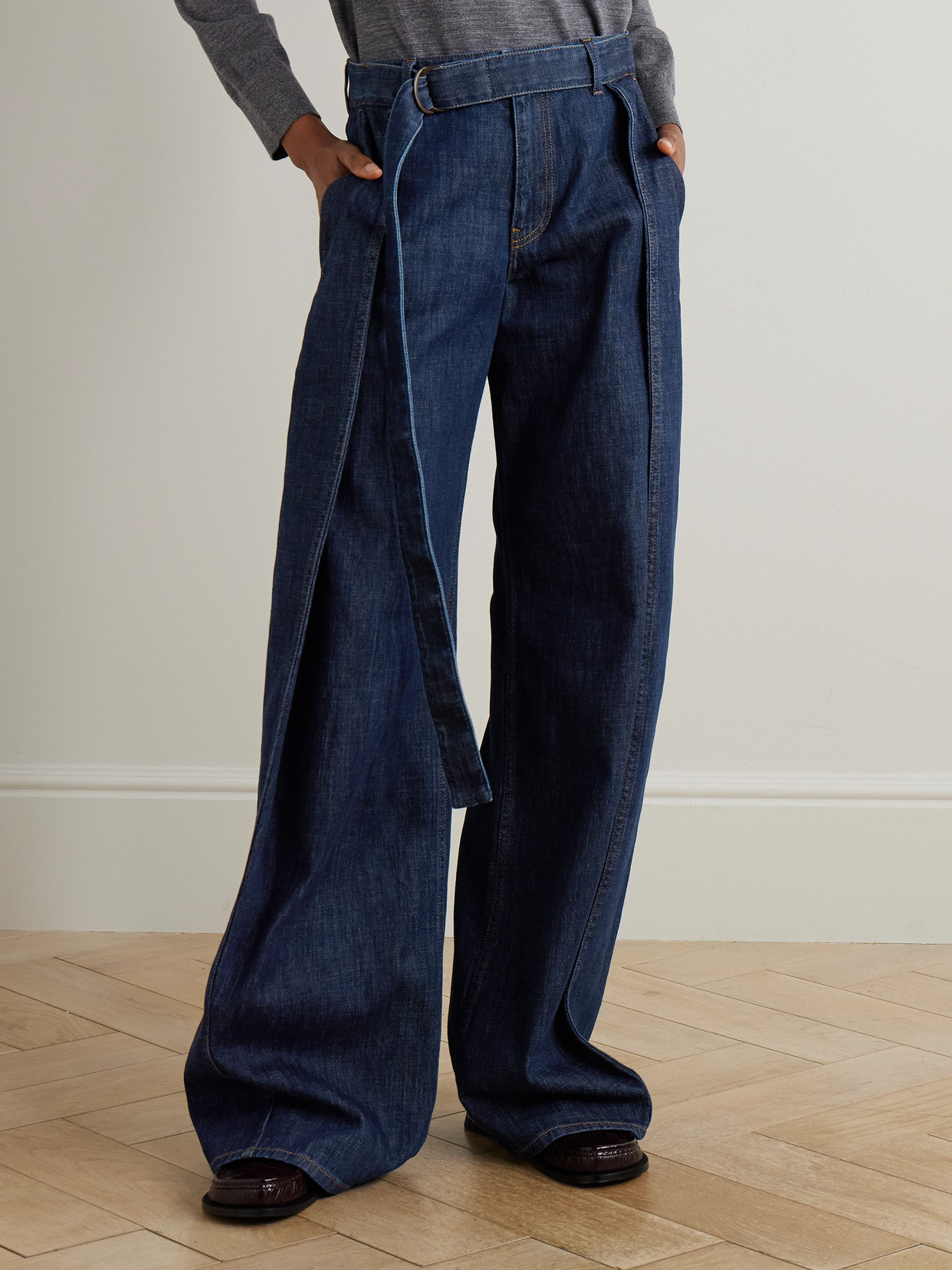 Loewe Belted Pleated High-rise Wide-leg Jeans In Blue