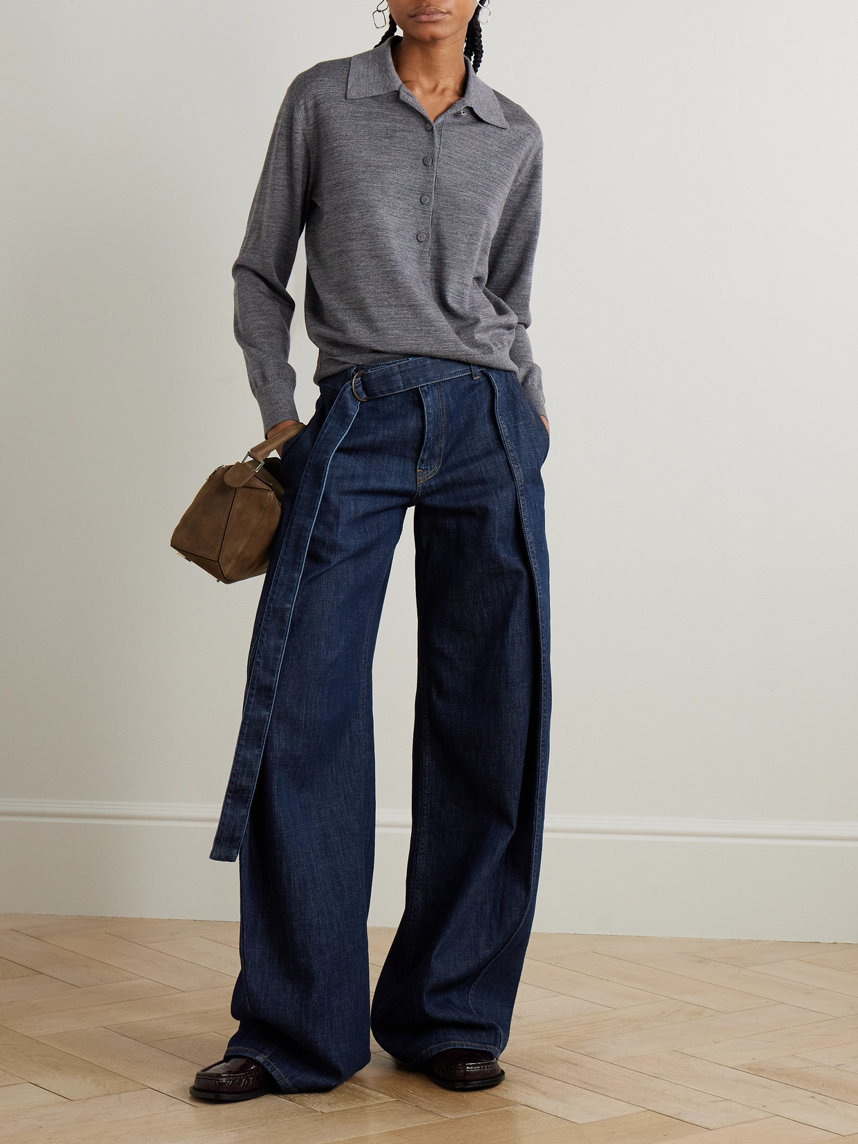 Loewe Belted Pleated High-rise Wide-leg Jeans In Blue