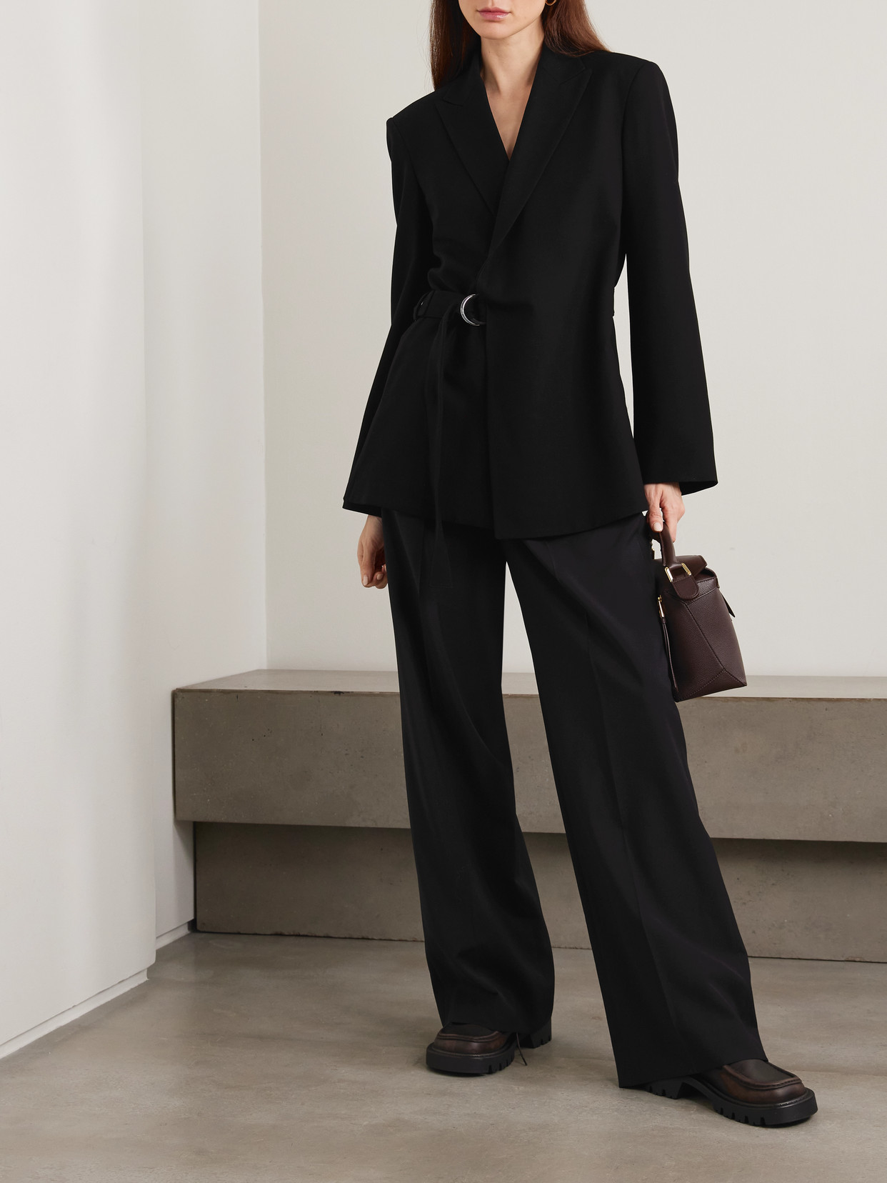 Loewe Womens Black Peak-lapel Draped Wool And Leather Blend Jacket In Black