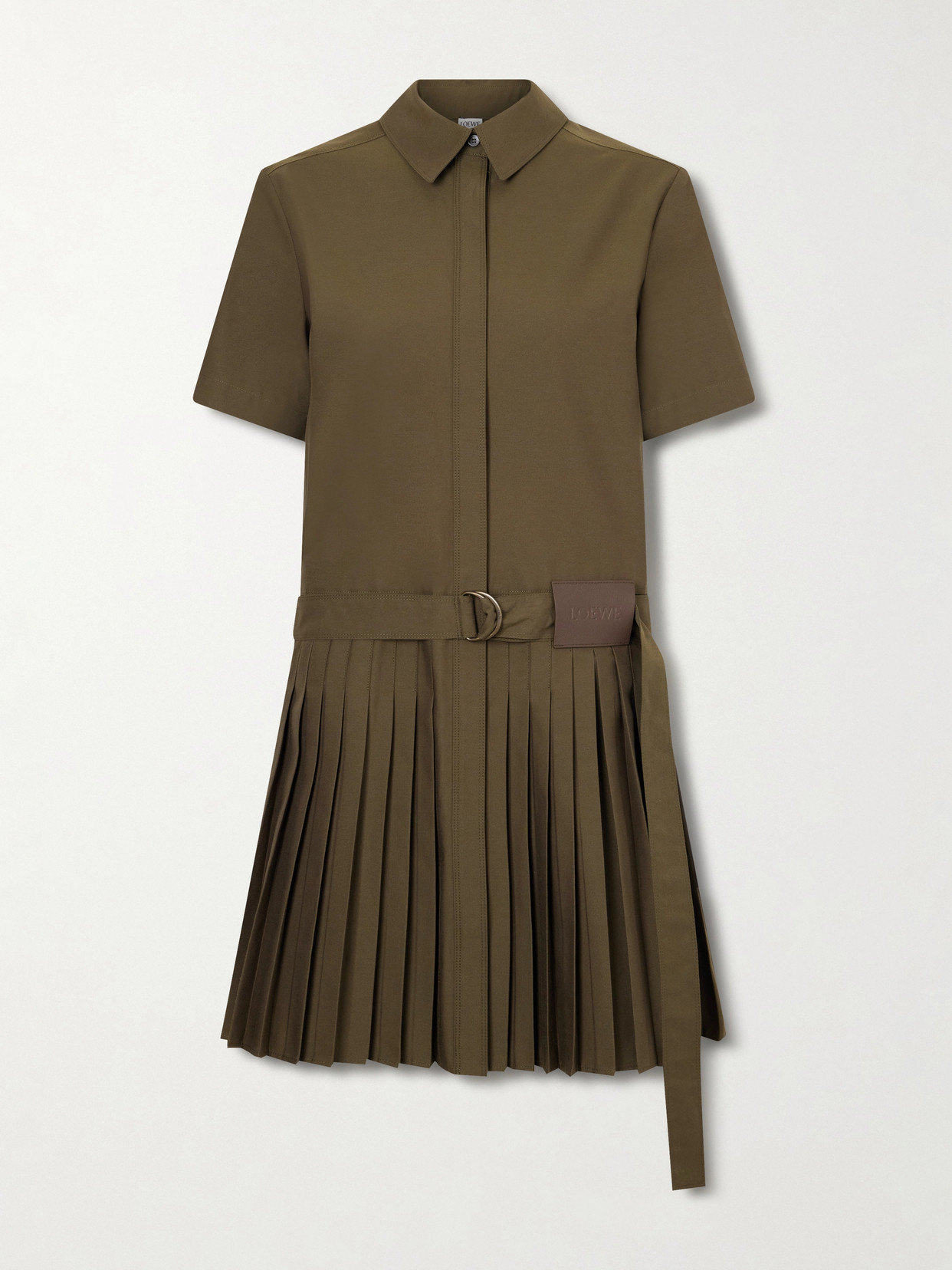 Loewe Womens Khaki Green Pleated Short-sleeve Cotton Blend Mini Dress