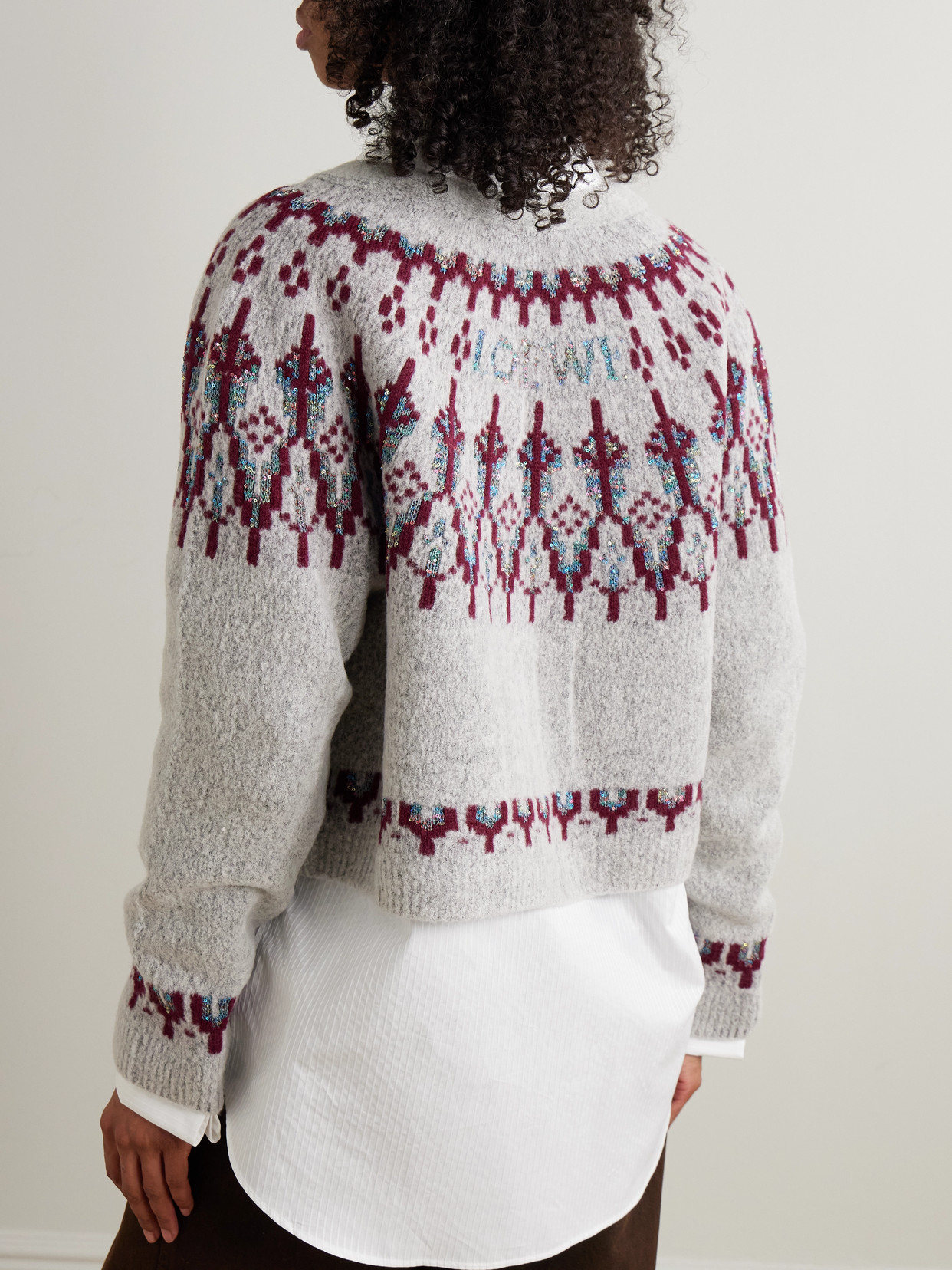 Loewe Sequin-embellished Fair Isle Wool-blend Cardigan In Gray
