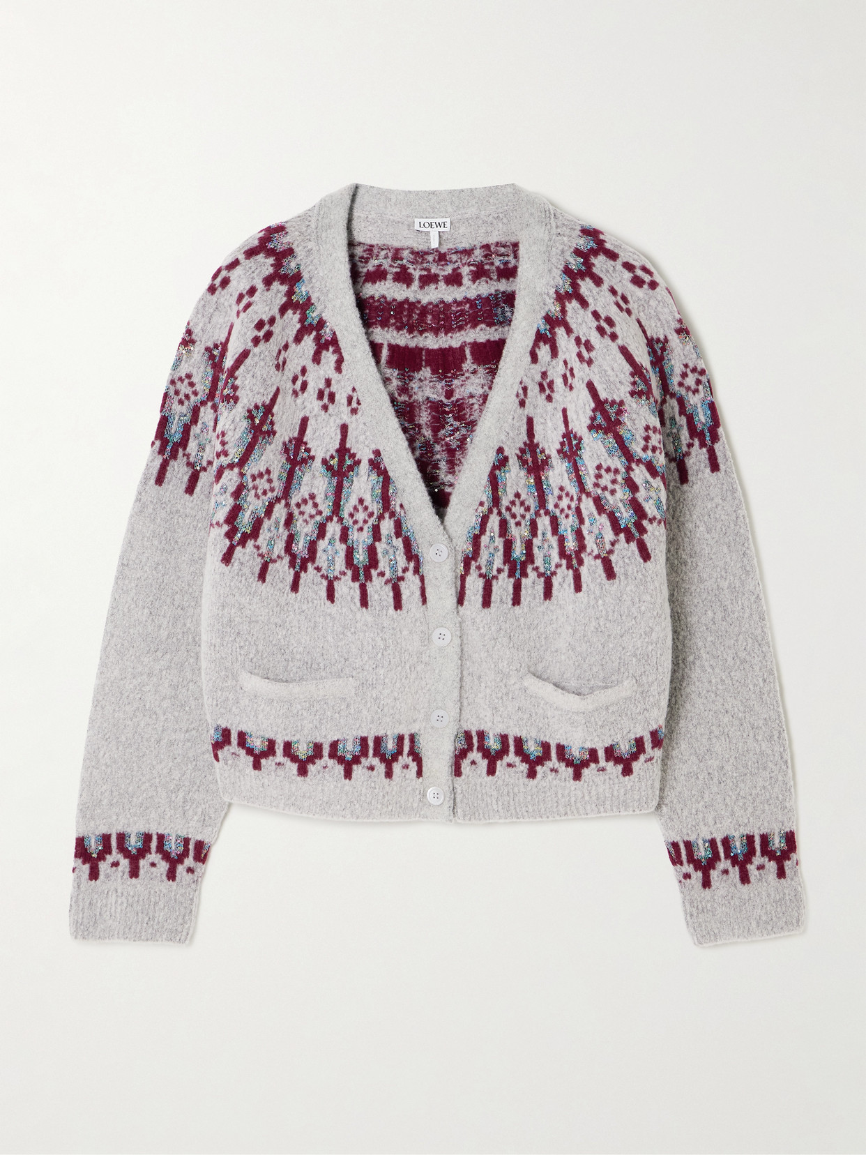 Loewe Sequin-embellished Fair Isle Wool-blend Cardigan In Gray