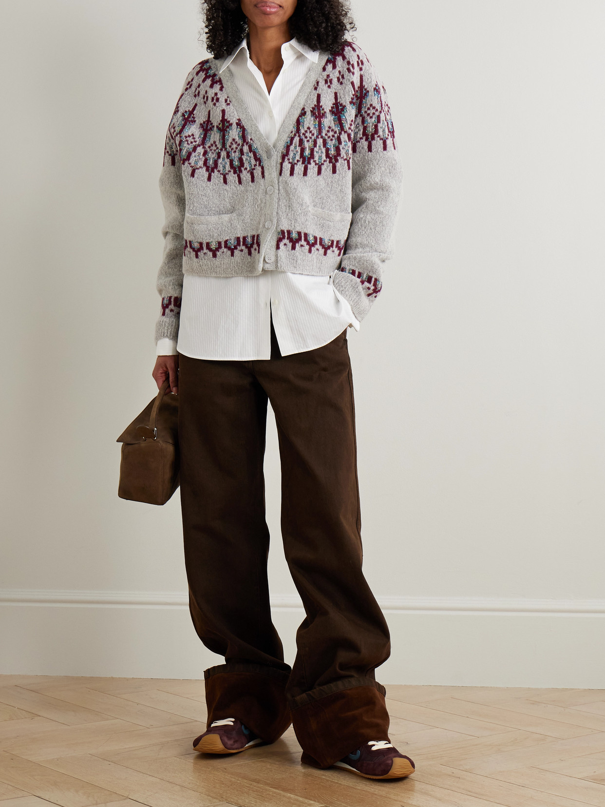 Loewe Sequin-embellished Fair Isle Wool-blend Cardigan In Gray