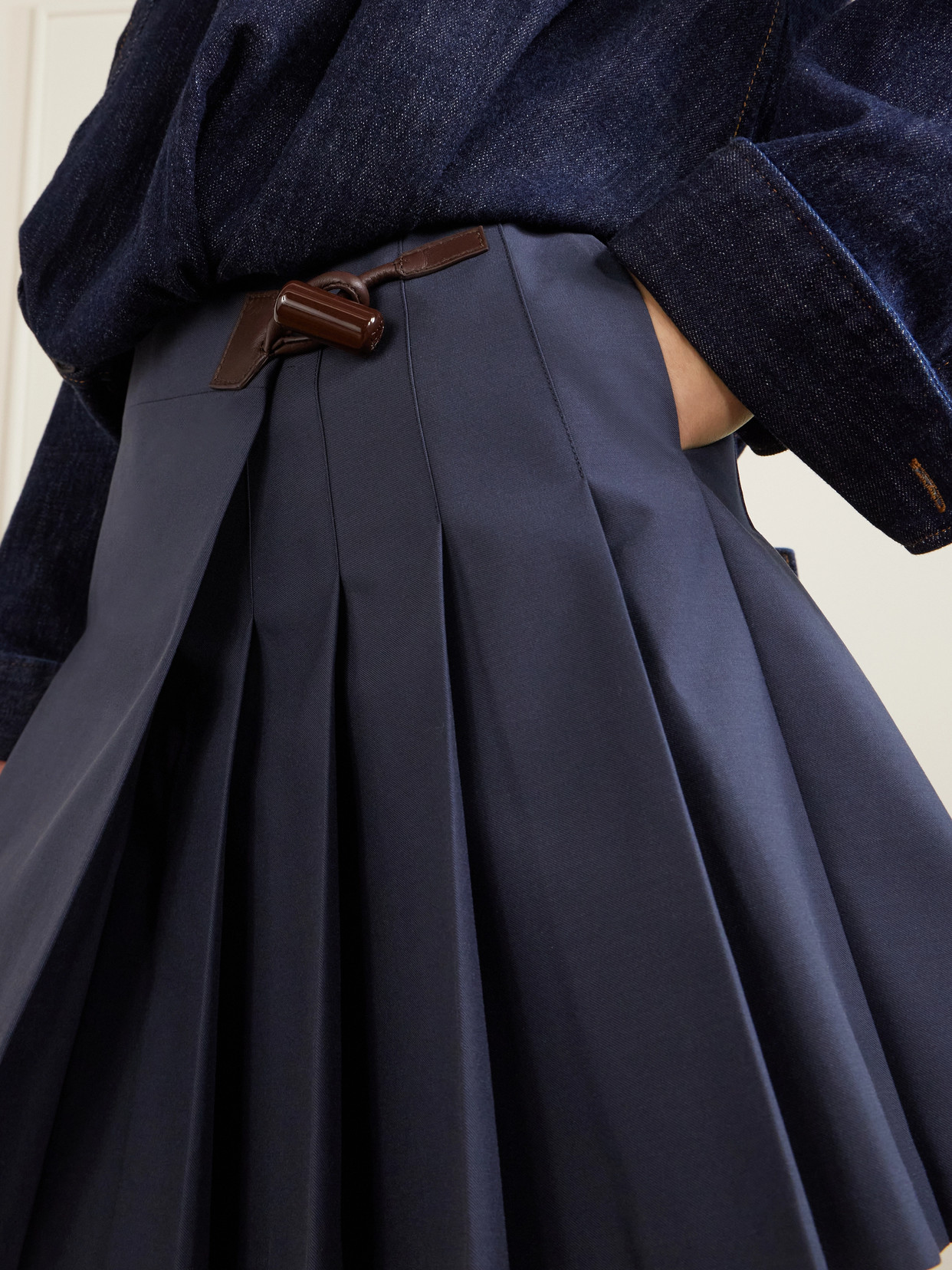 Pleated Leather-Trimmed Cotton-Blend Mini