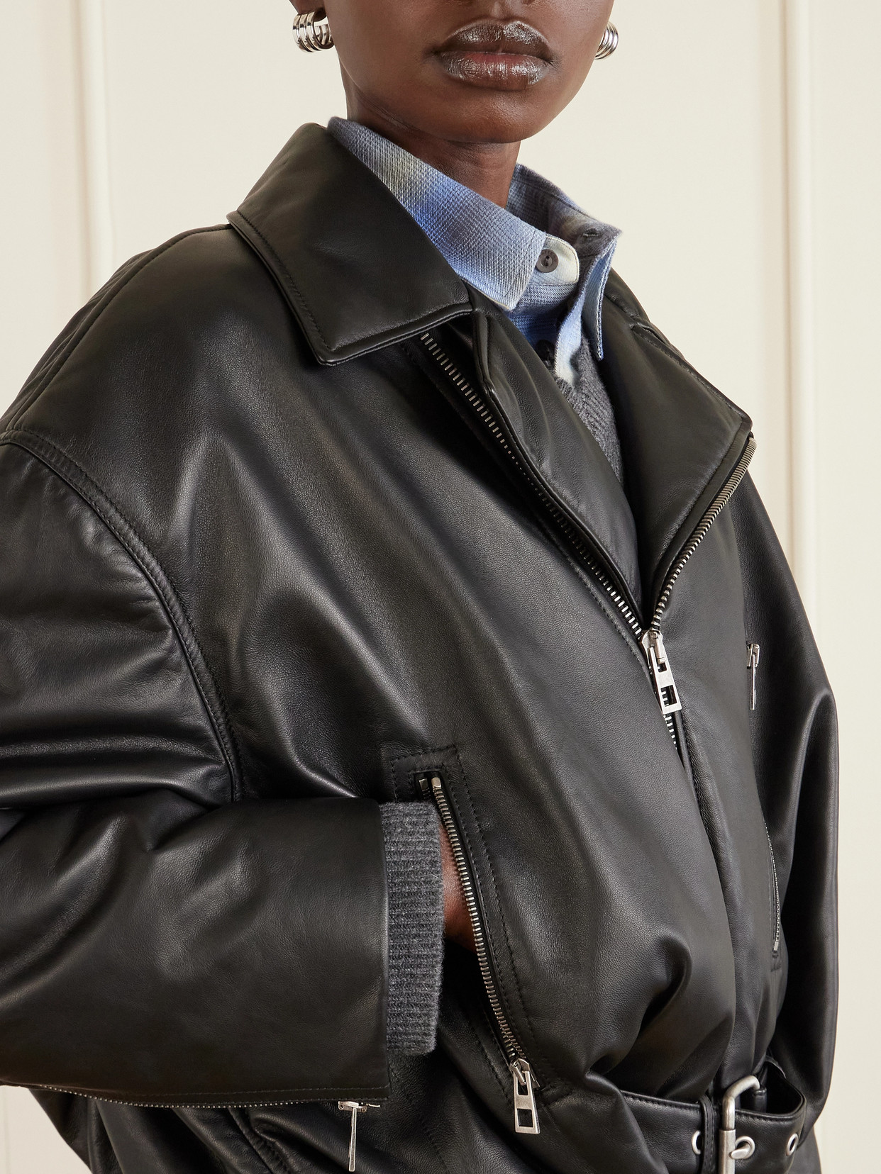 Cropped Buckled Leather Biker Jacket