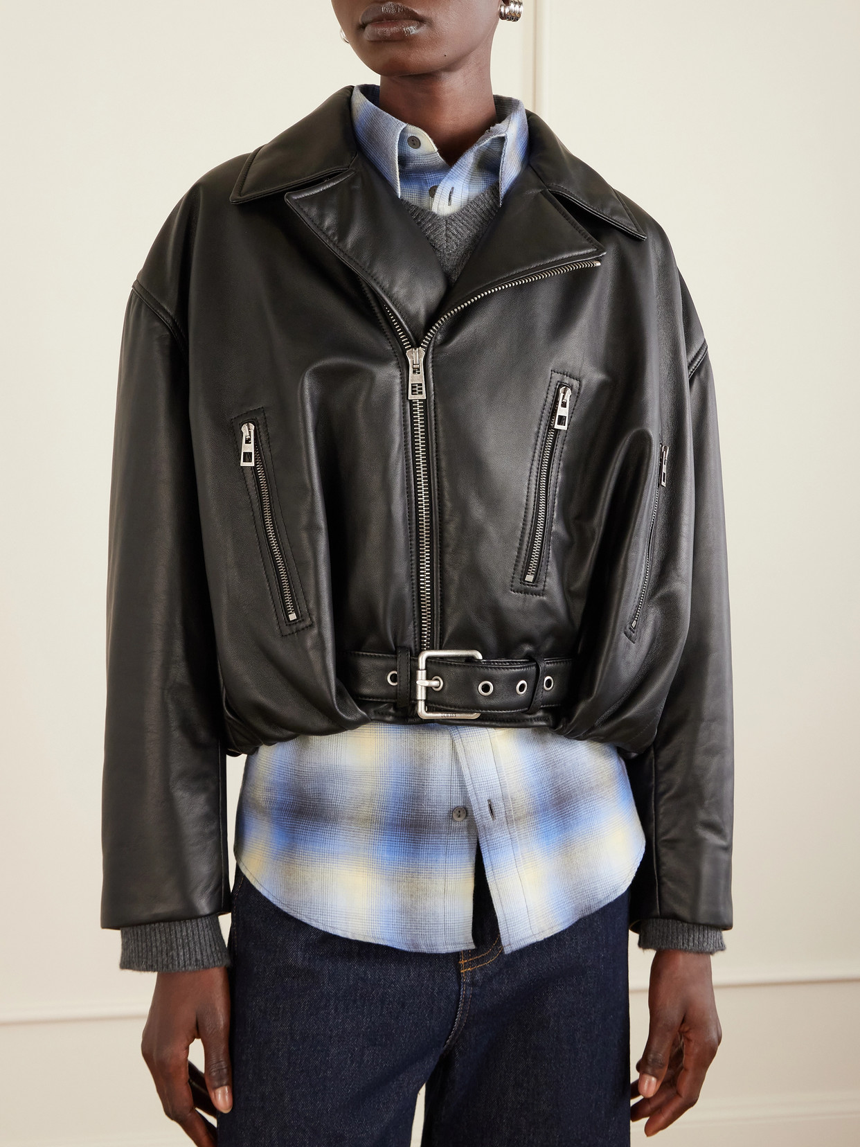 Cropped Buckled Leather Biker Jacket