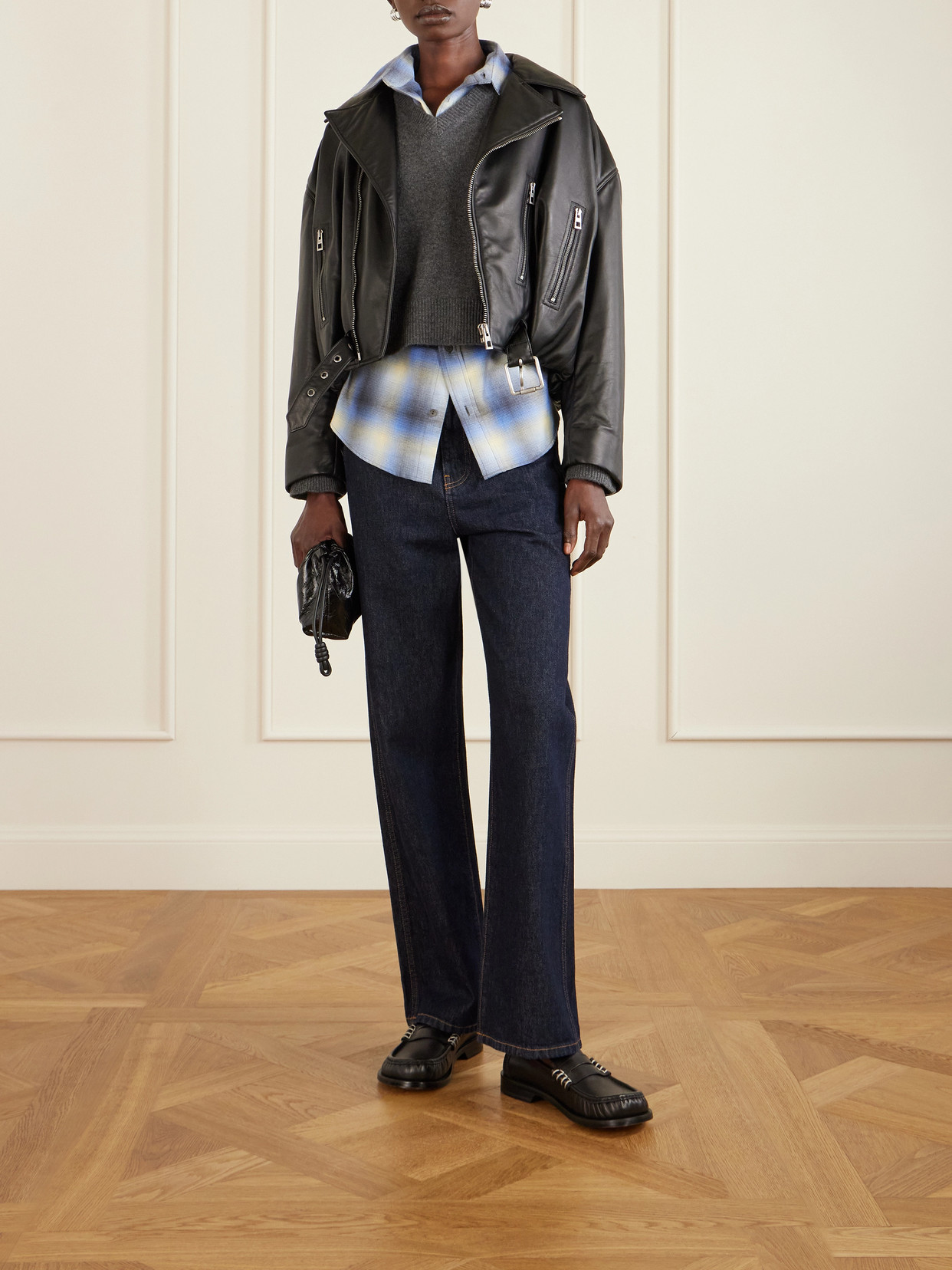 Cropped Buckled Leather Biker Jacket