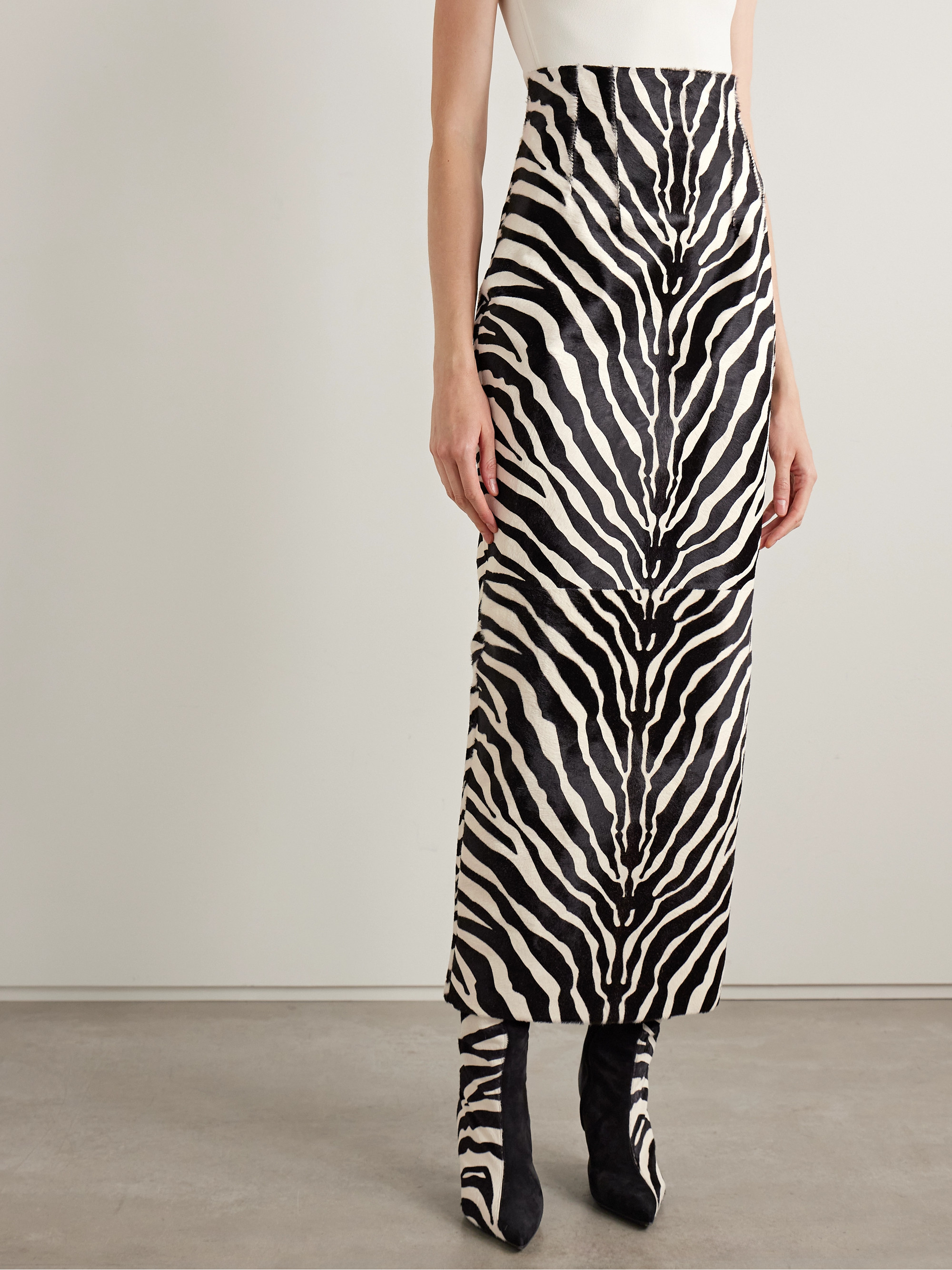 KHAITE - Loxley zebra-print calf hair midi skirt | Plush